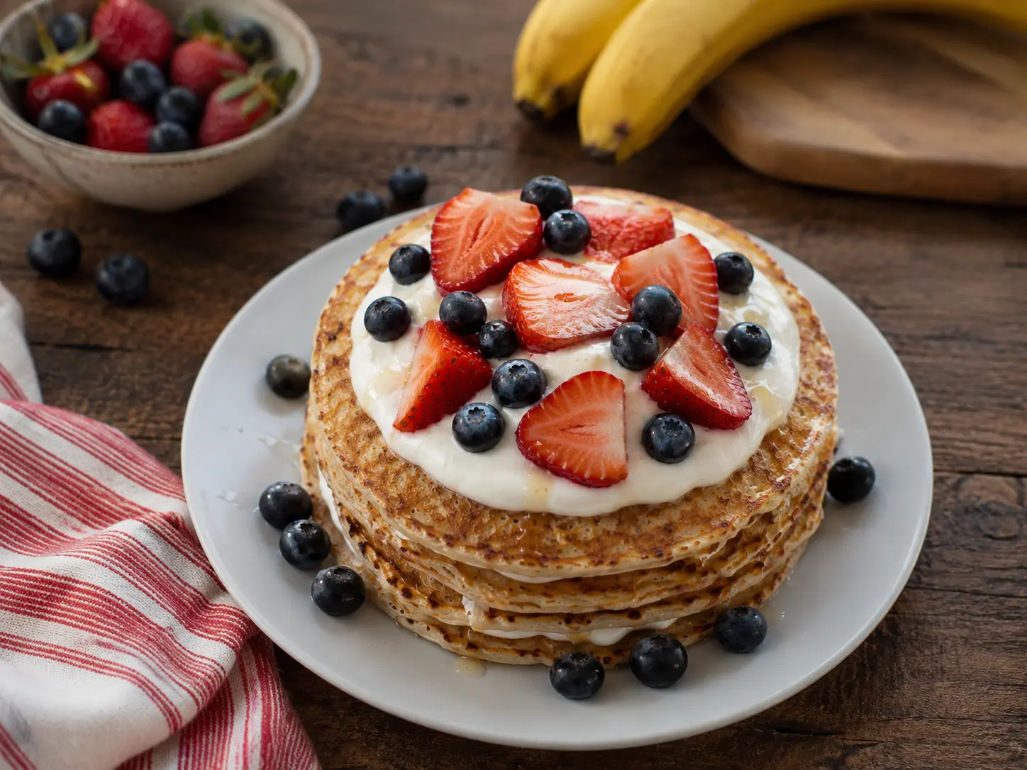 Pancakes banane-avoine servis avec yaourt et fruits rouges
