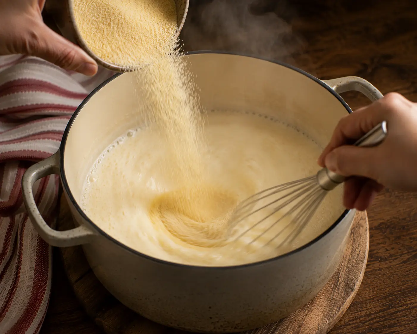 Eau et crème liquide portées à ébullition dans une casserole à fond épais