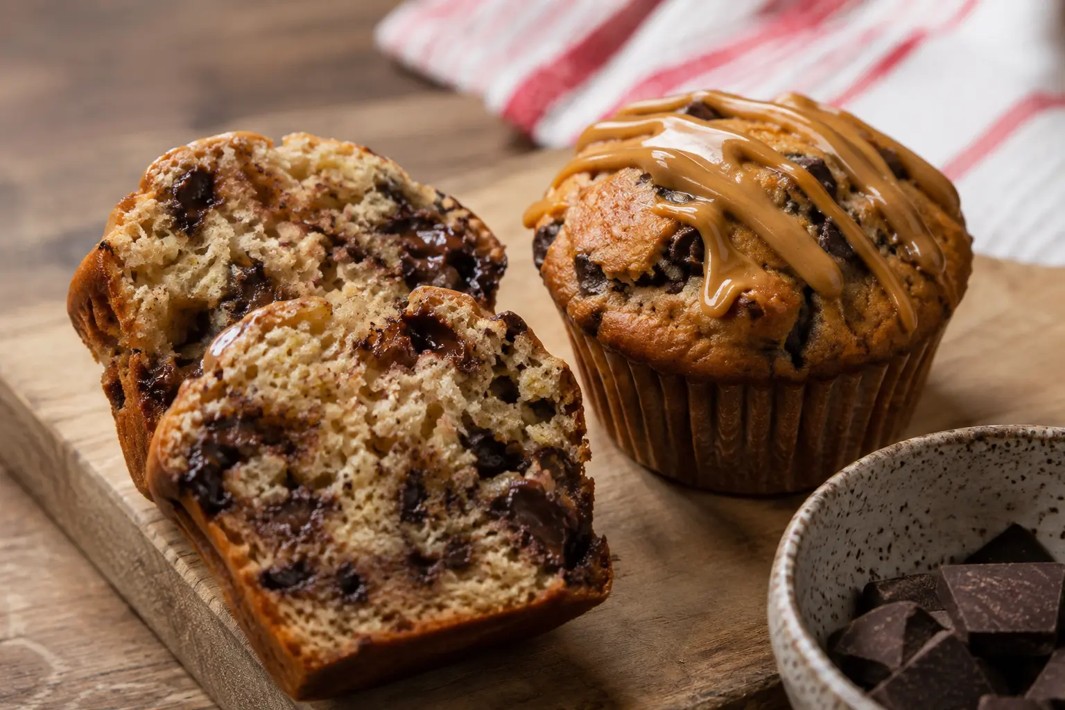 Muffin banane chocolat coupé en deux révélant une mie moelleuse et fondante