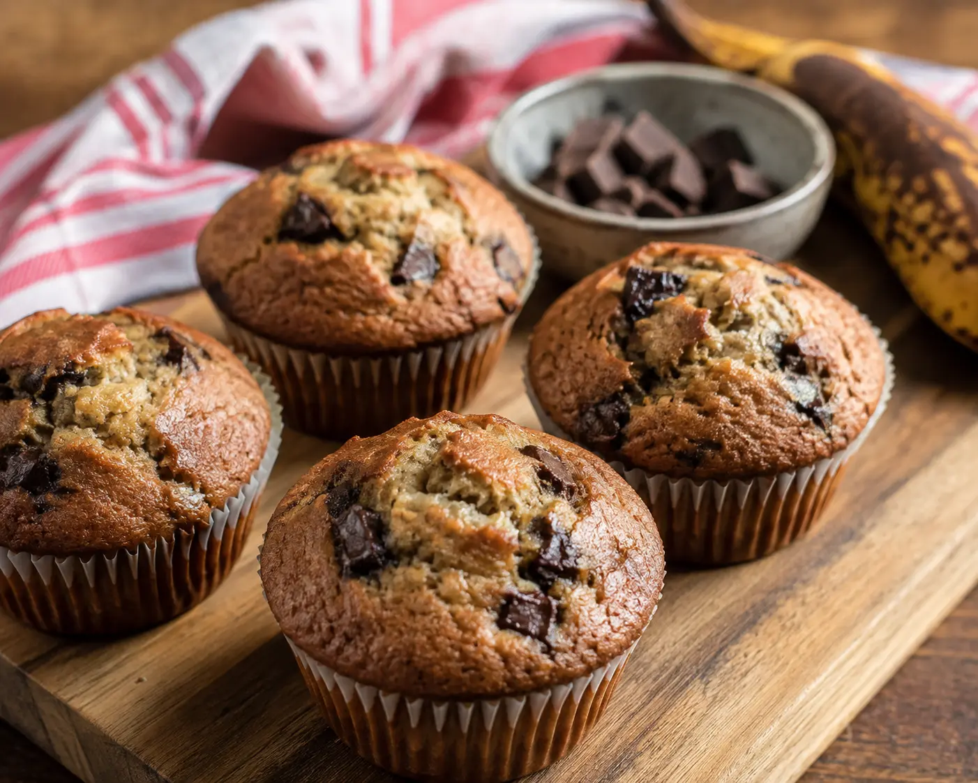 Muffins banane chocolat extra moelleux disposés sur une planche en bois