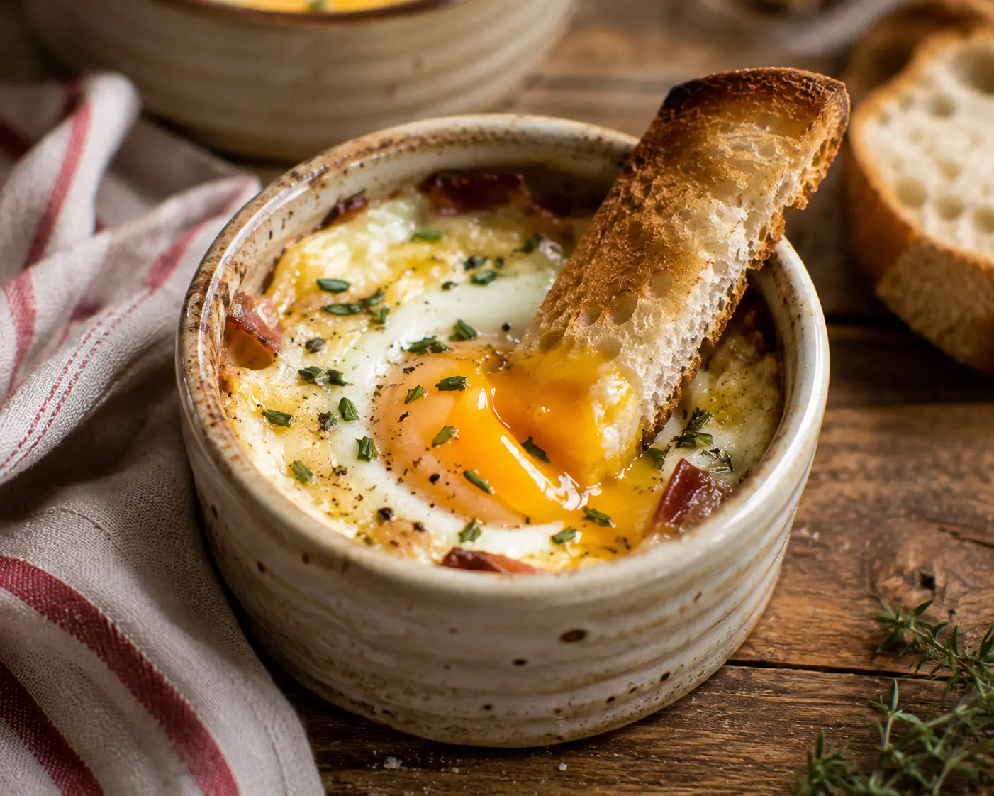 Œuf cocotte au four avec jaune coulant et mouillette de pain grillé