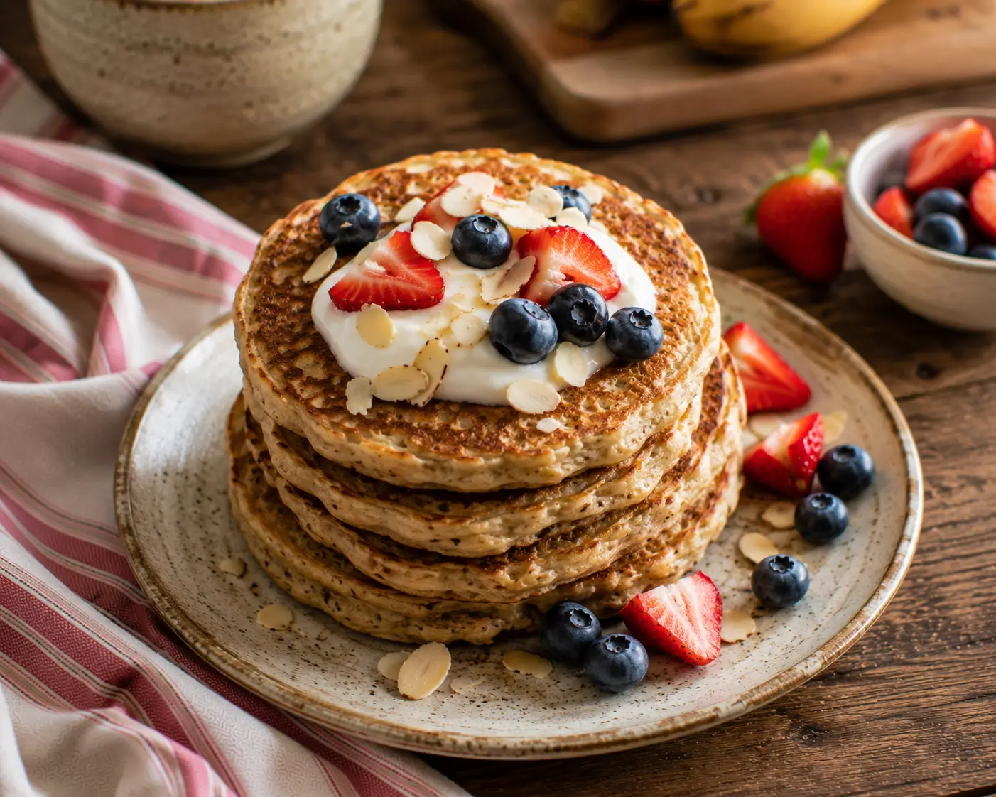 Pile de pancakes banane-avoine avec yaourt grec et fruits rouges