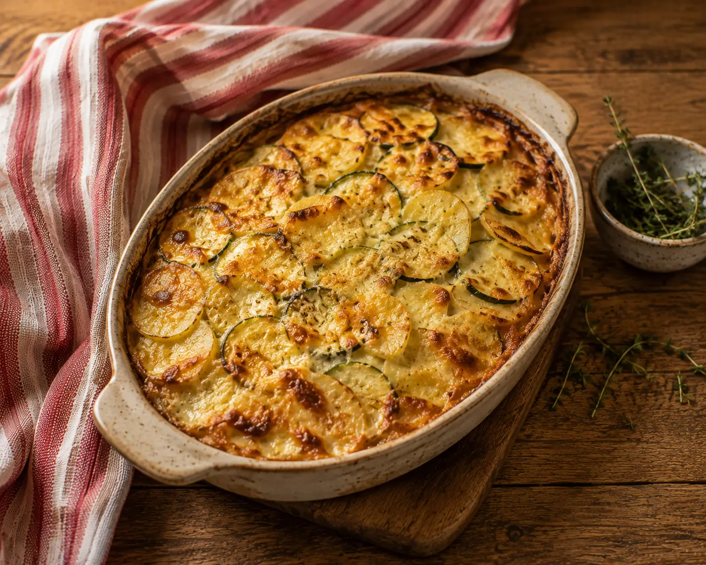 Gratin de courgettes et pommes de terre doré sortant du four