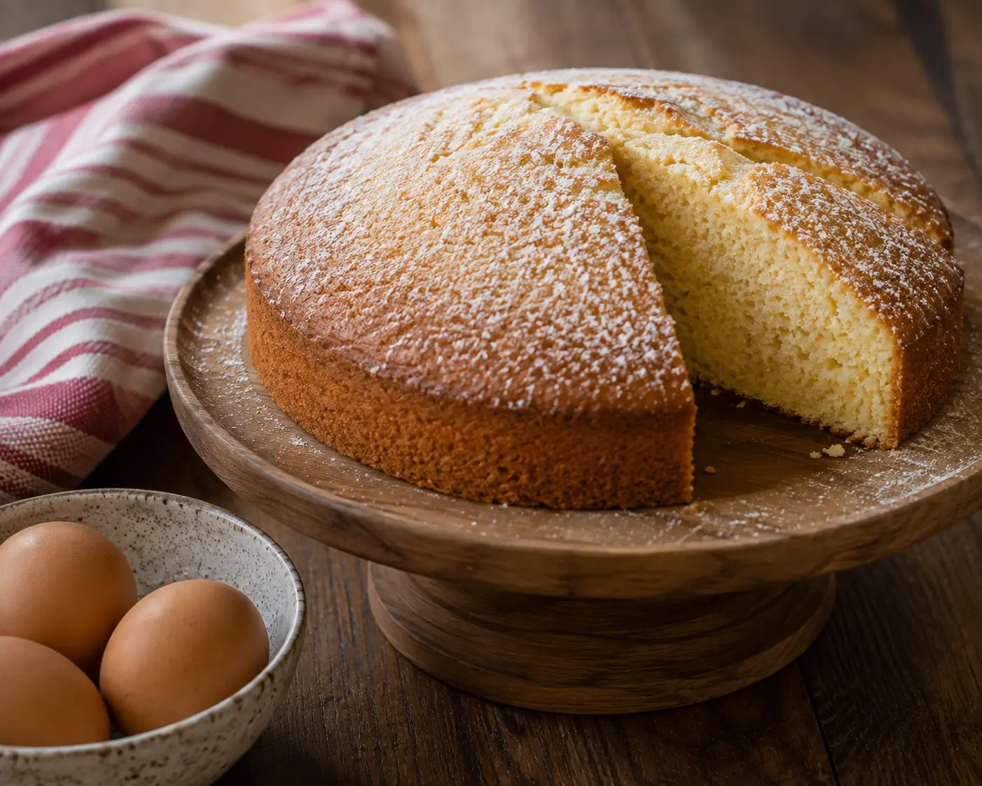 Gâteau nature moelleux entier avec une part découpée révélant la mie aérée