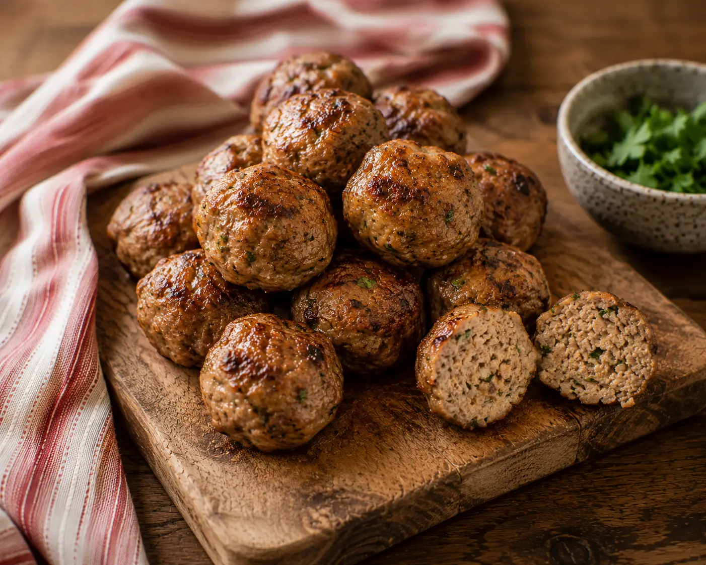 Boulettes de bœuf haché au four dorées disposées sur une planche en bois