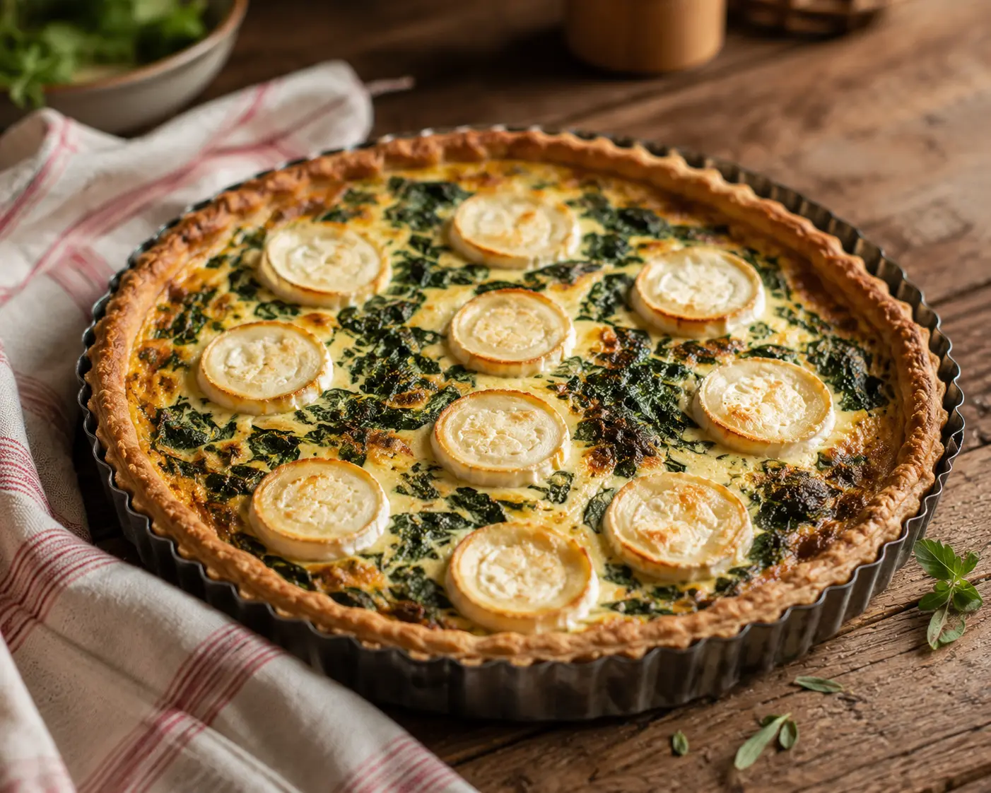 Quiche aux épinards et chèvre dorée sortant du four