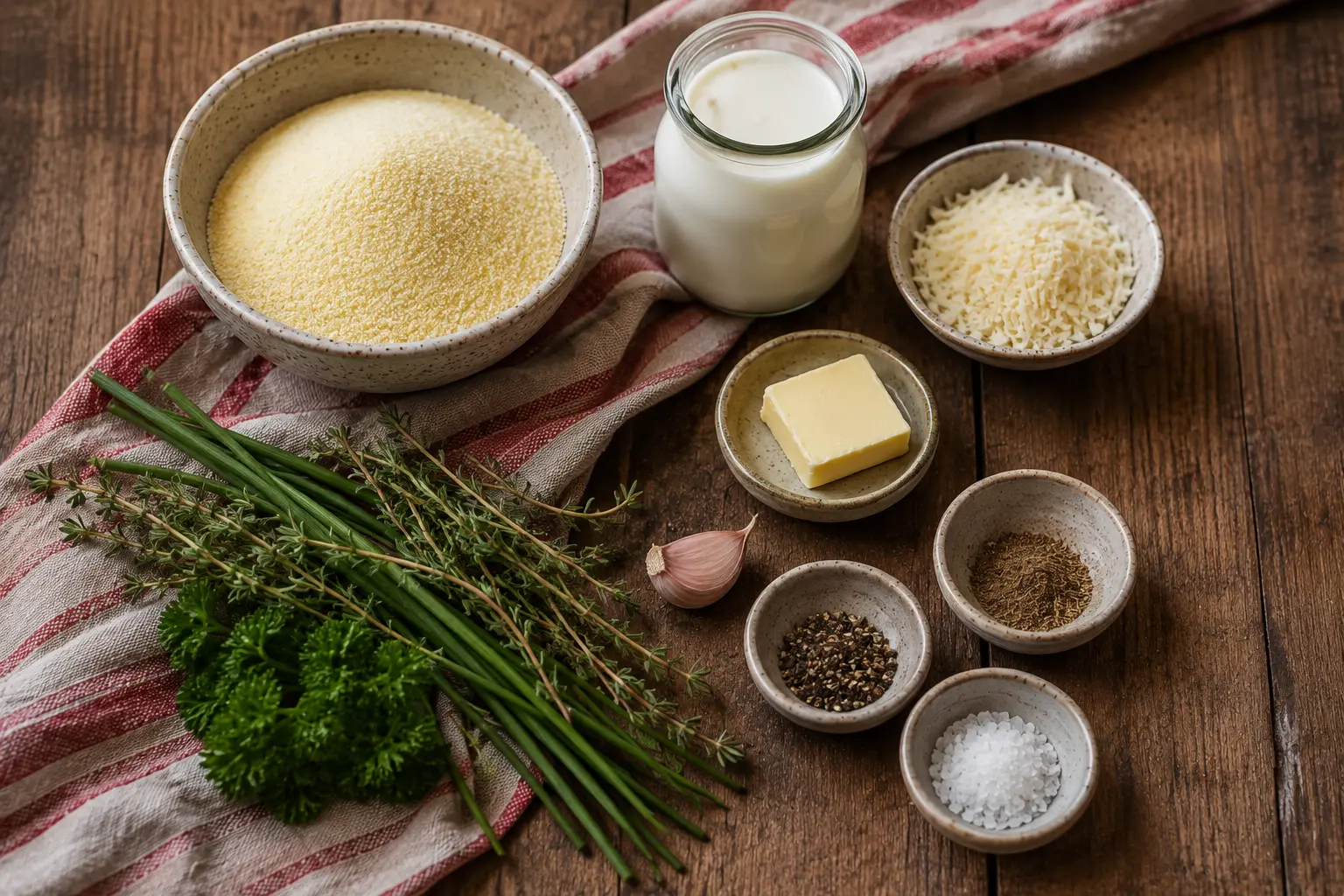 Ingrédients de la polenta crémeuse aux herbes prêts à être cuisinés
