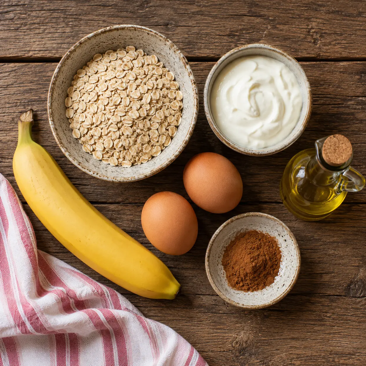 Banane ferme, flocons d'avoine, yaourt grec et œufs pour les pancakes