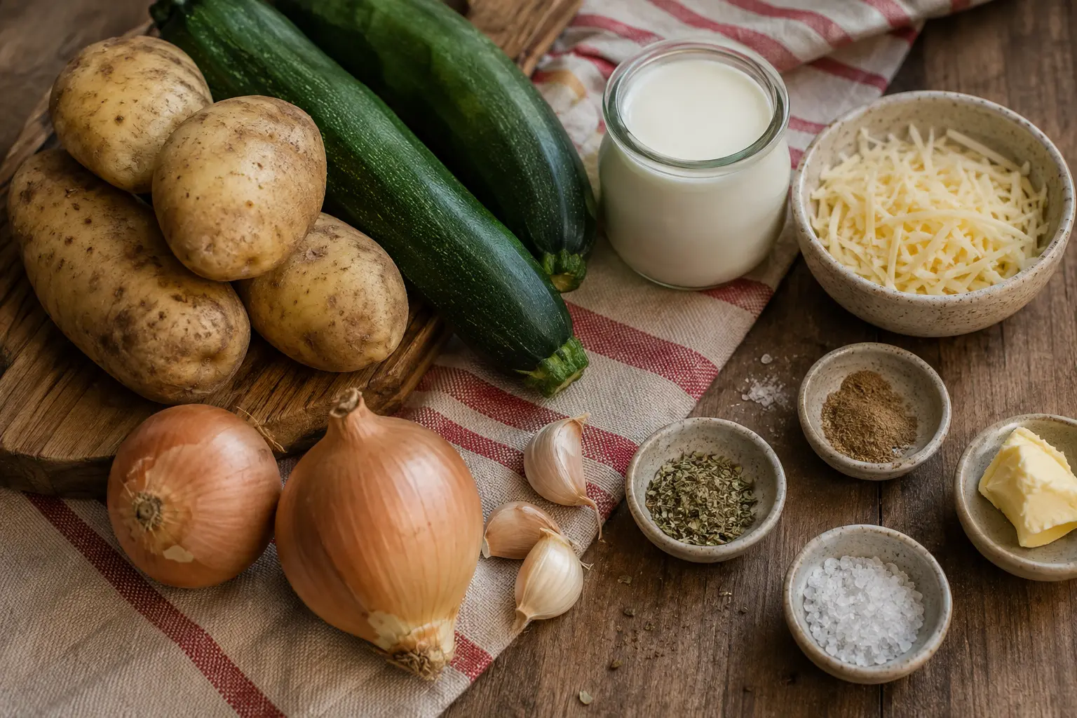 Ingrédients du gratin de courgettes et pommes de terre prêts à être cuisinés