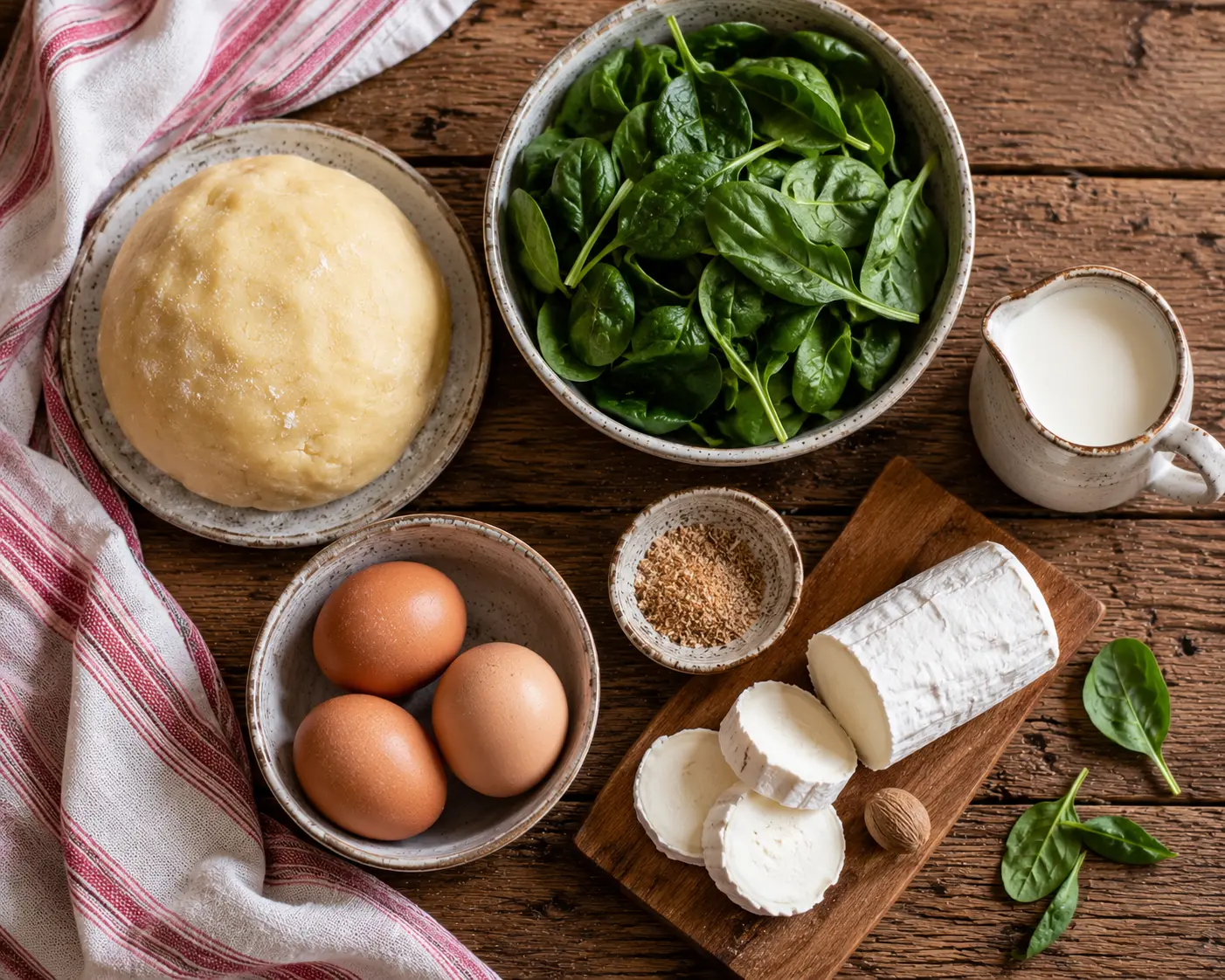 Épinards, œufs, crème fraîche et fromage de chèvre pour la quiche