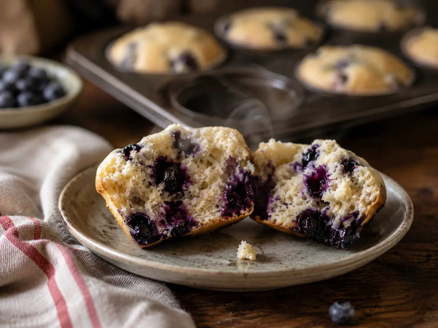 Muffin aux bleuets coupé en deux, mie moelleuse et bleuets visibles