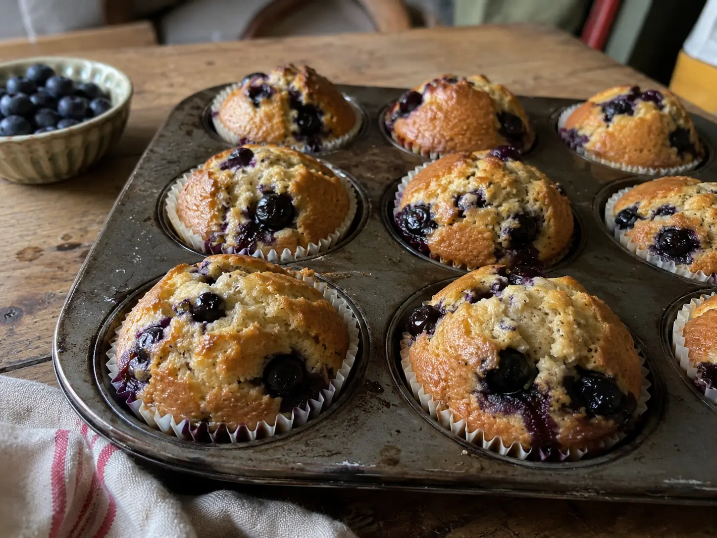 Muffins aux bleuets moelleux avec un dôme bien bombé, tout juste sortis du four