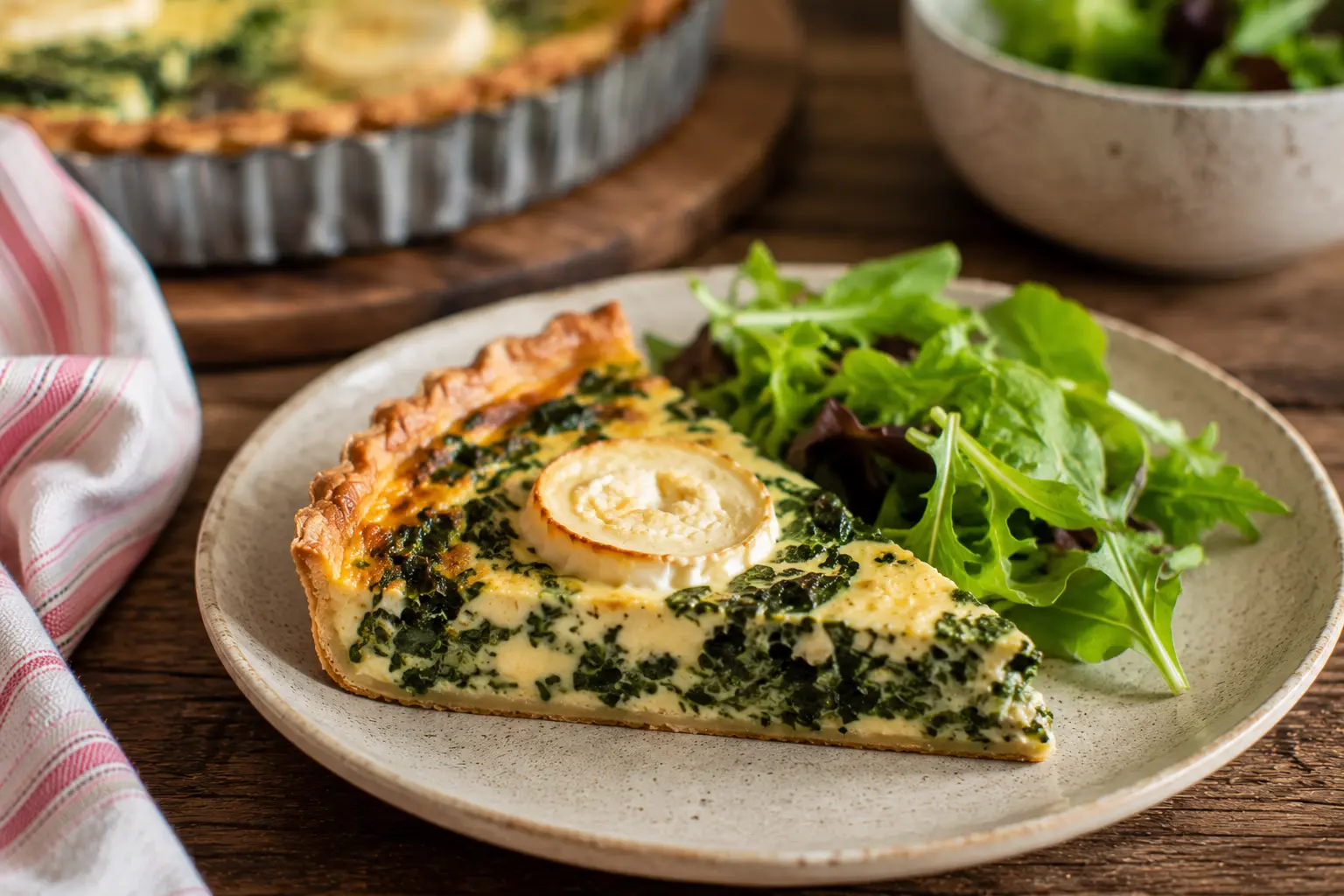 Part de quiche aux épinards et chèvre servie