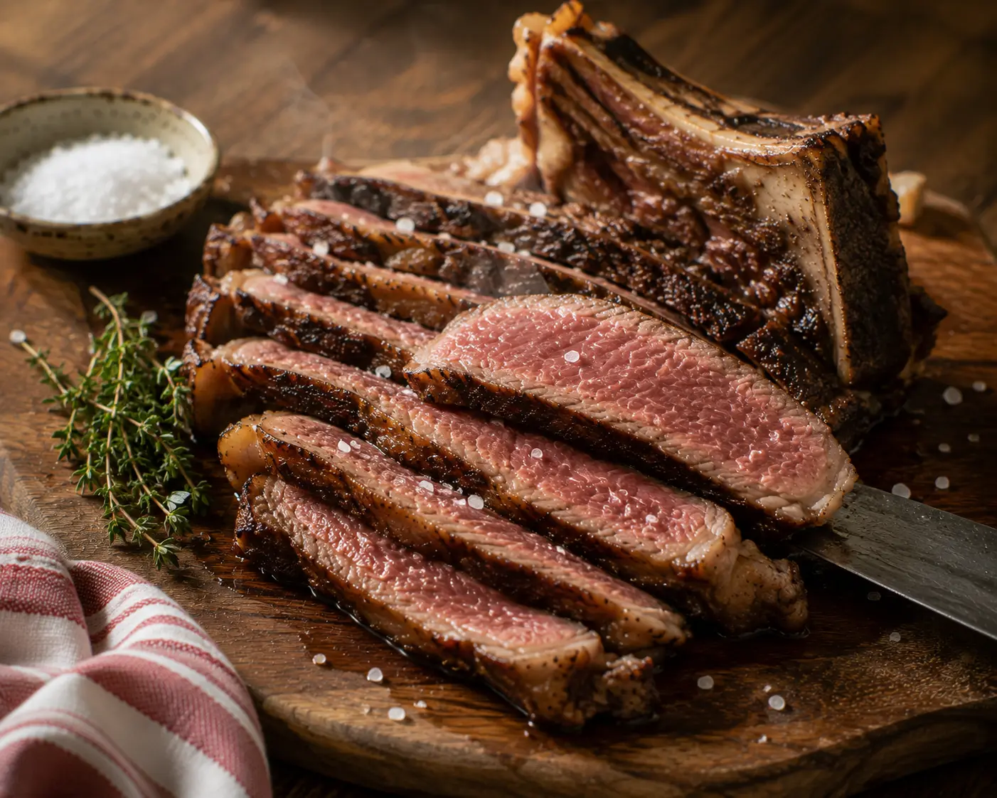 Côte de bœuf tranchée révélant un coeur rosé et juteux