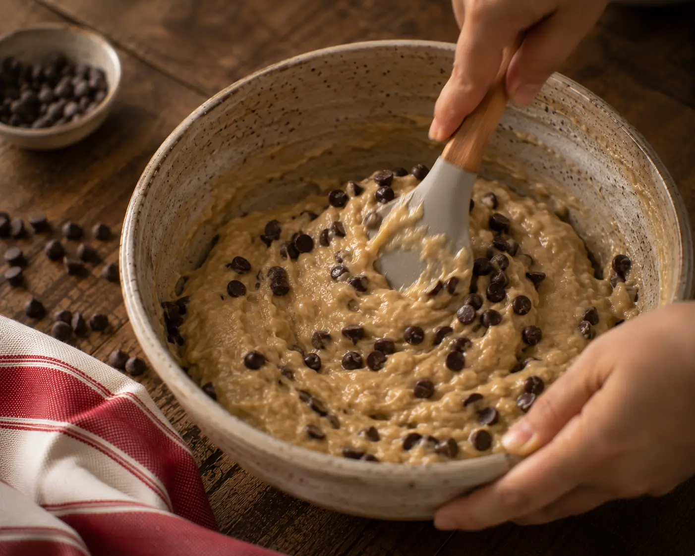 Pépites de chocolat incorporées à la pâte à banana bread