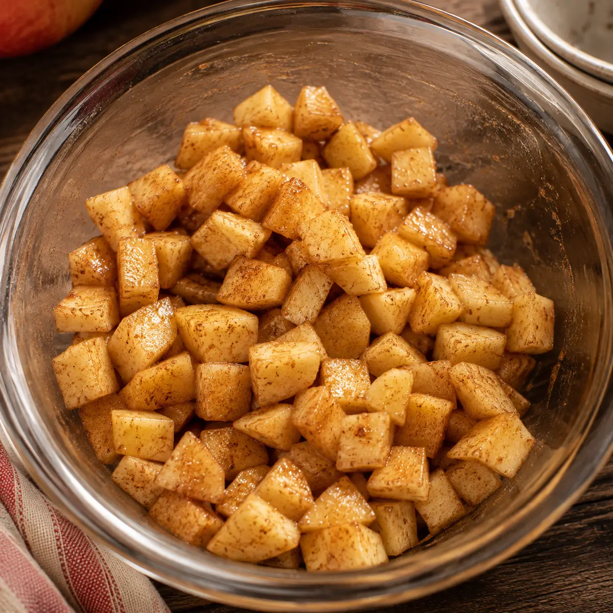 Cubes de pommes mélangés au jus de citron et à la cannelle