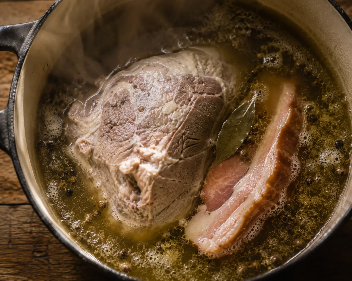 Palette de porc et lard fumé plongés dans l'eau frémissante