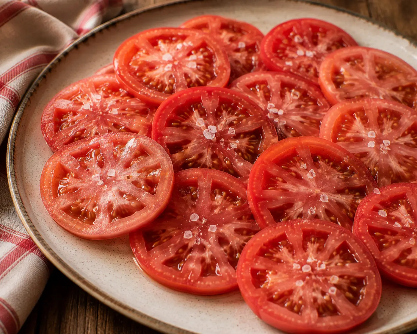 Tomates tranchées et salées reposant sur un plat de service