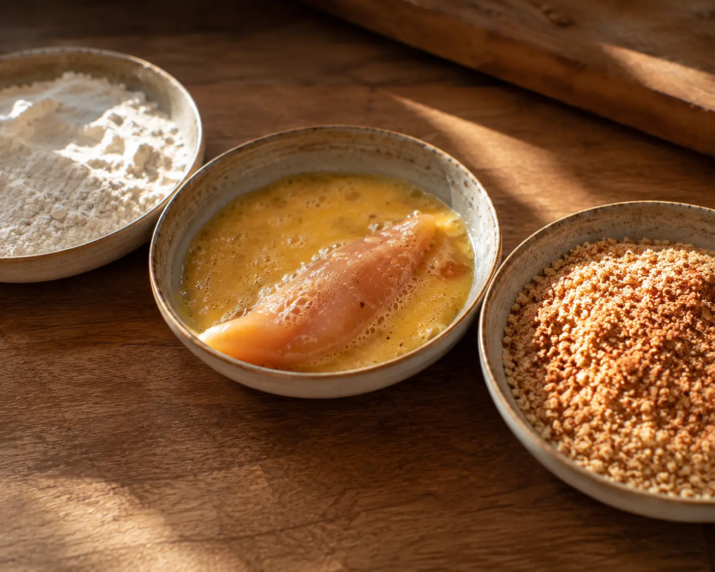 Trois assiettes de farine, œuf battu et chapelure pour le panage