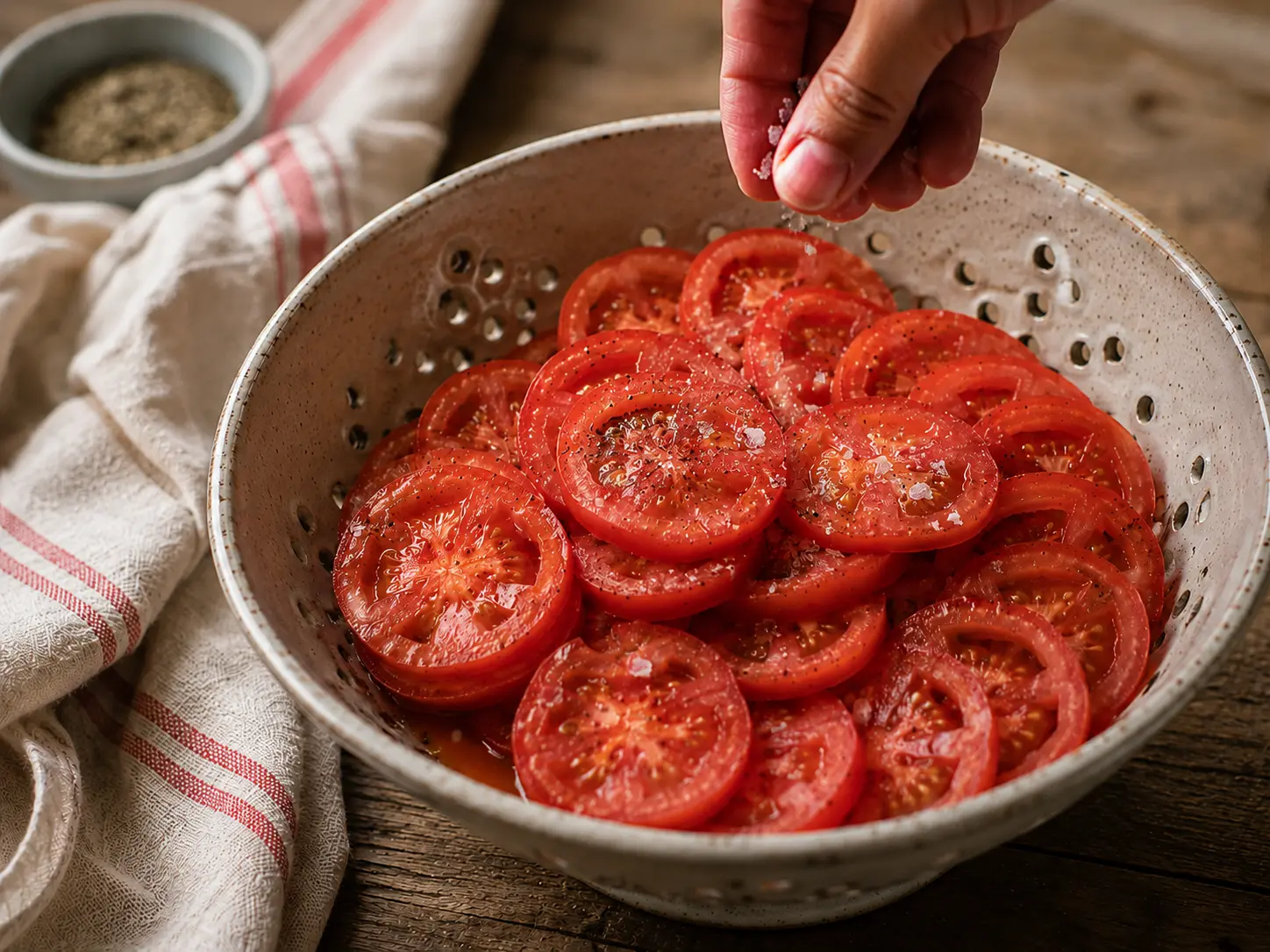 Tranches de tomates salées dégorgeant dans une passoire