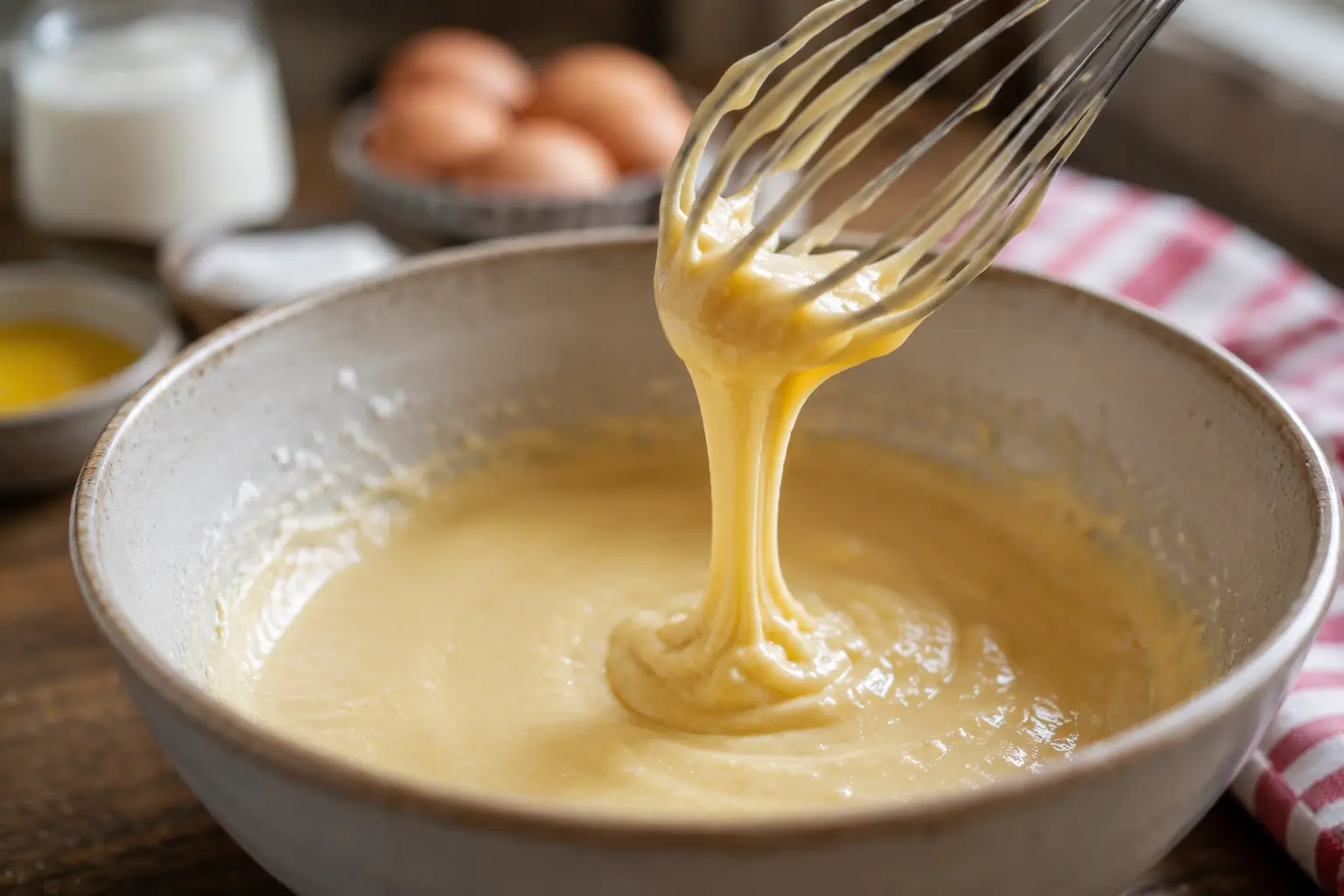 Pâte à gaufres lisse et homogène, coulant en ruban épais