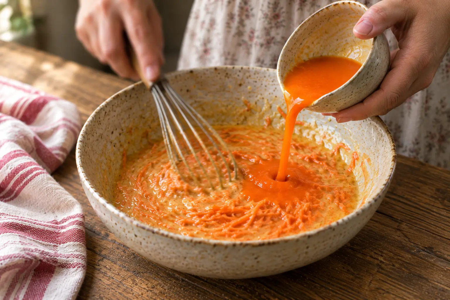 Mélange humide fouetté avec yaourt, oeufs et sirop d'érable dans un saladier