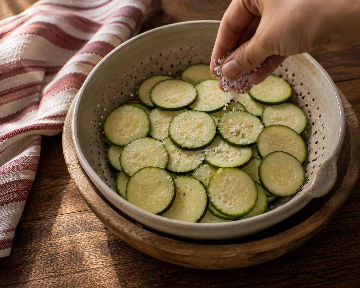 Rondelles de courgettes salées dans une passoire pour le dégorgement