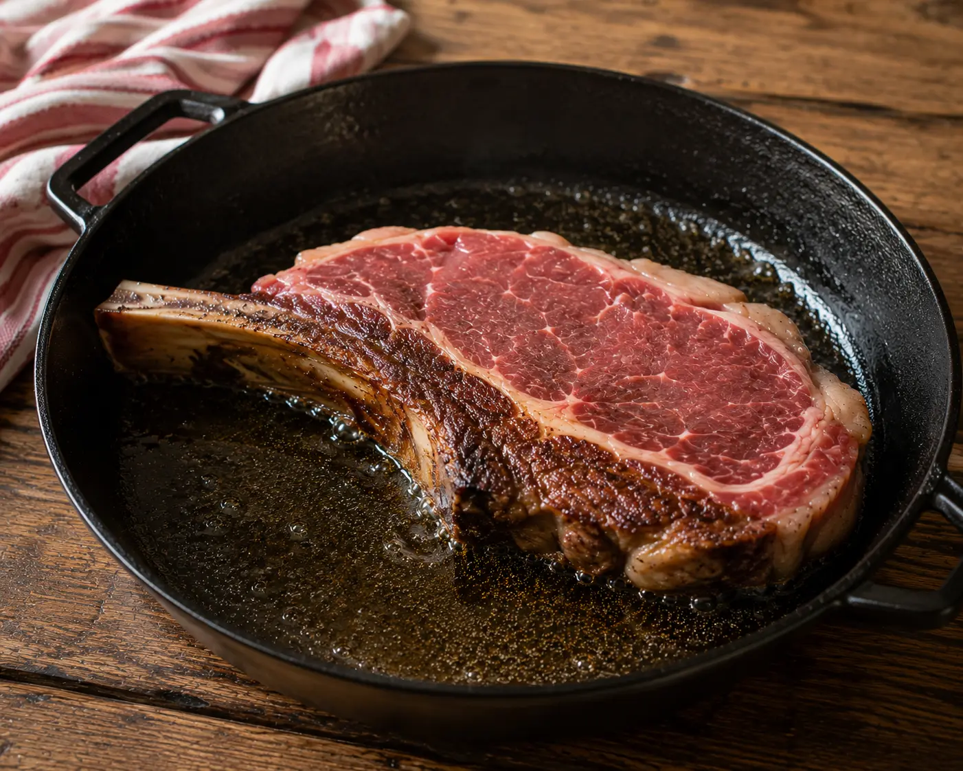 Côte de bœuf saisie dans une cocotte en fonte formant une croûte dorée