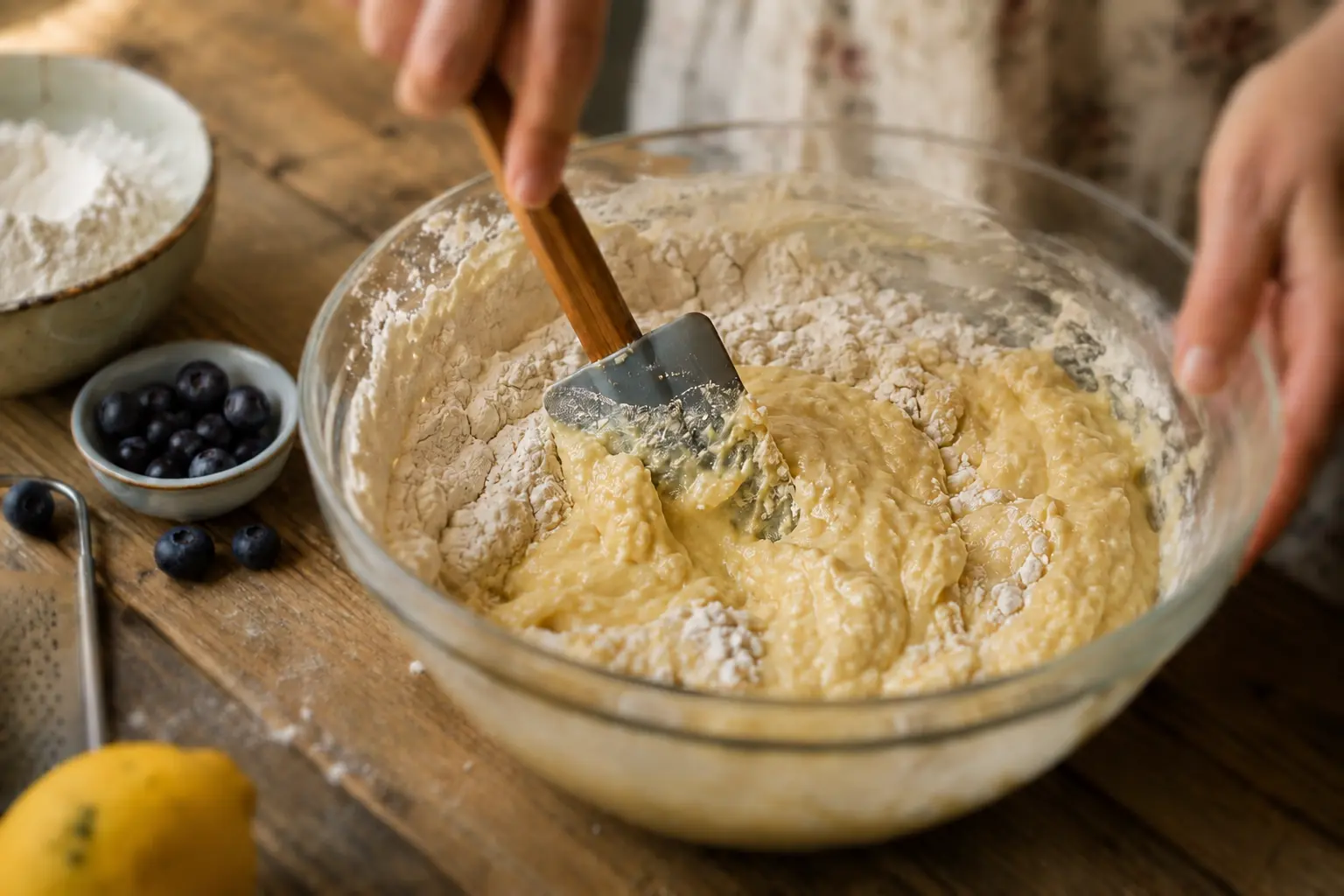 Ingrédients secs incorporés à la pâte à muffins légèrement grumeleuse