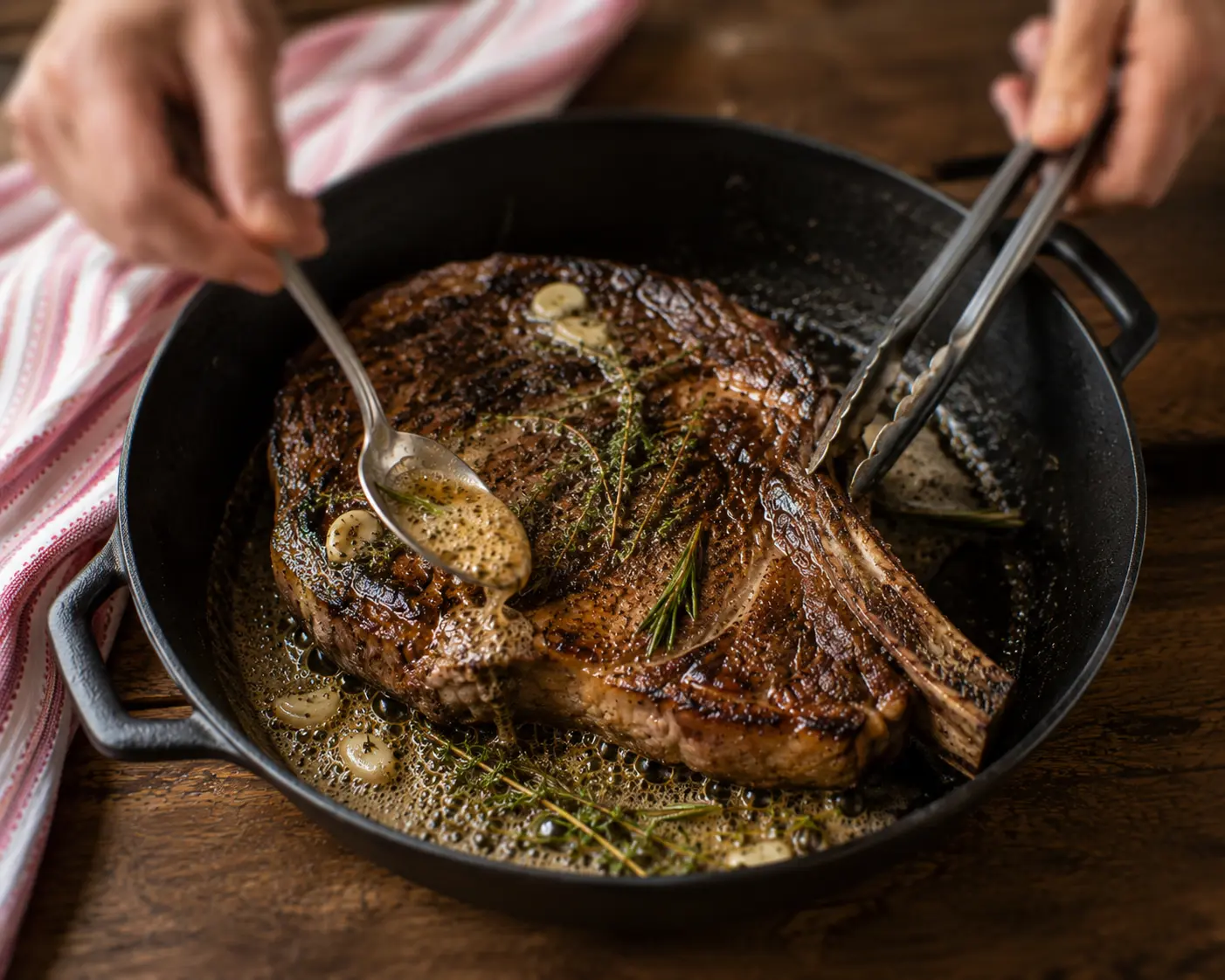 Côte de bœuf arrosée de beurre mousseux aux herbes et à l'ail