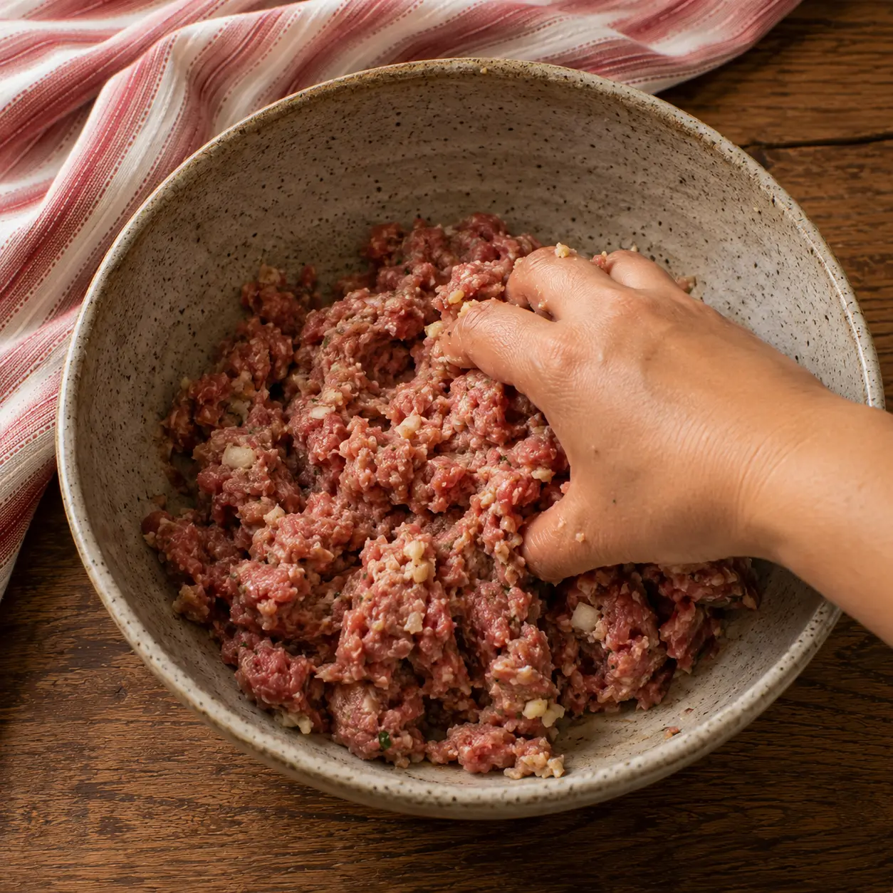 Bœuf haché mélangé délicatement avec la panade, l'ail et l'oignon