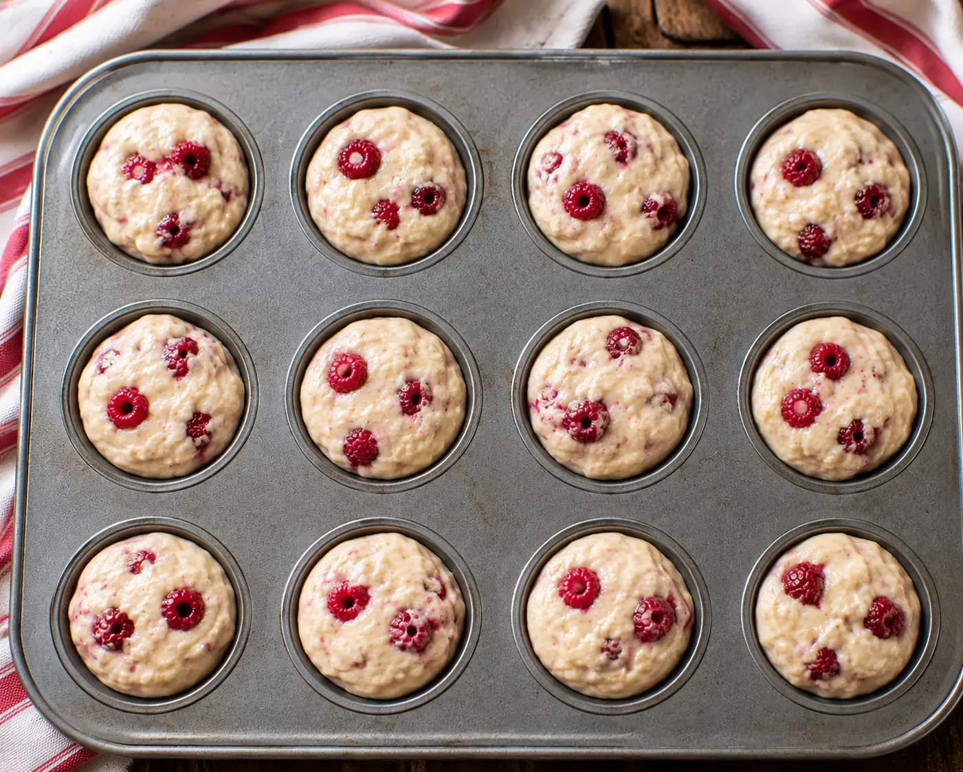 Framboises fraîches incorporées délicatement à la pâte à muffin