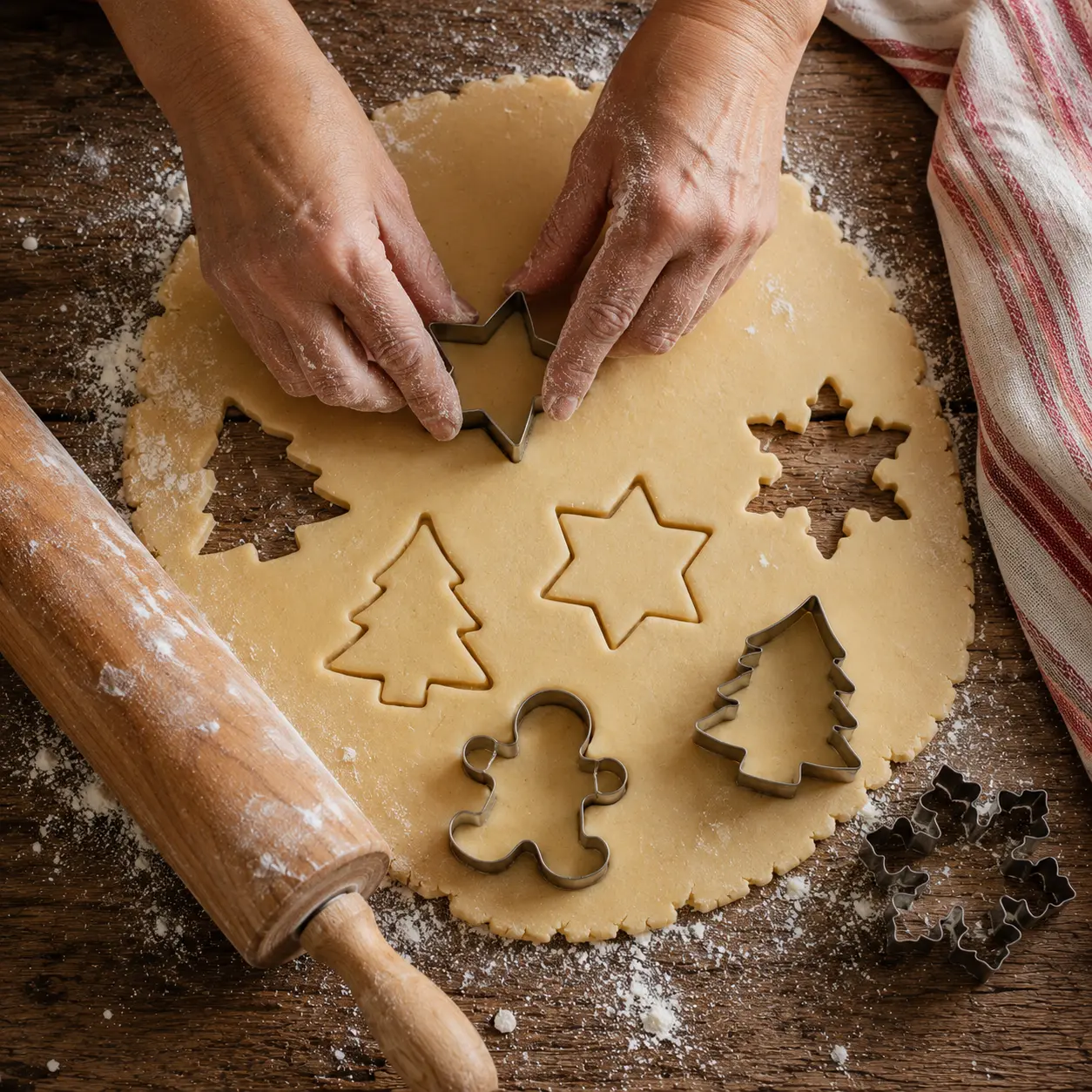 Pâte à sablés abaissée et découpée avec des emporte-pièces de Noël