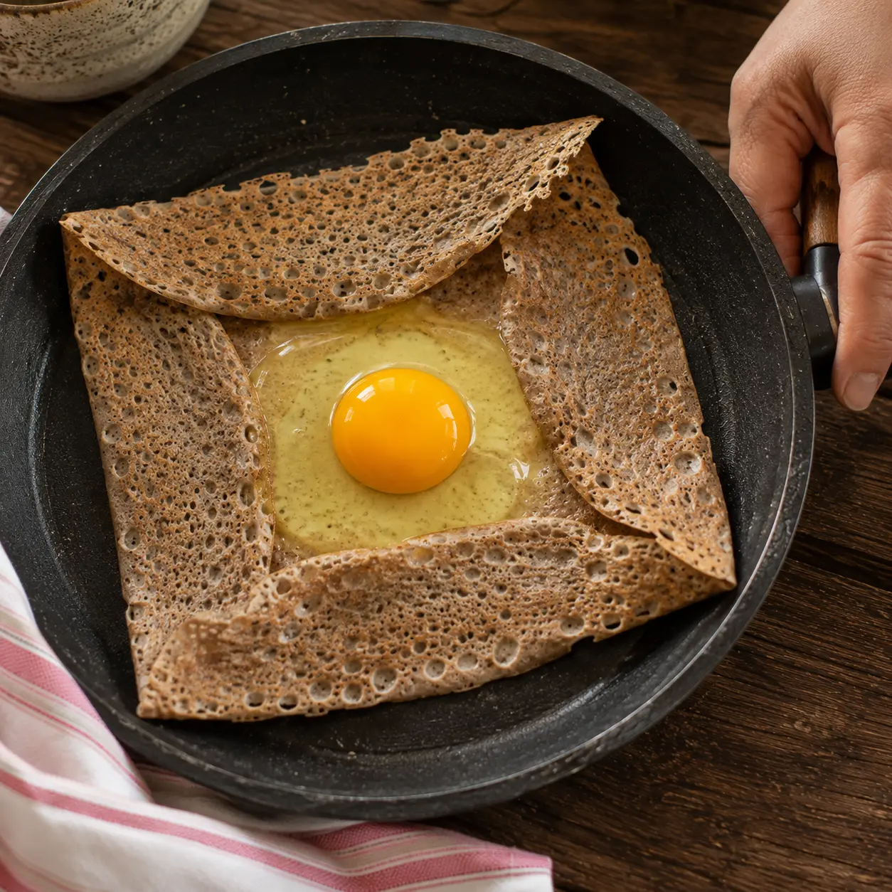 Œuf cassé au centre d'une galette de sarrasin