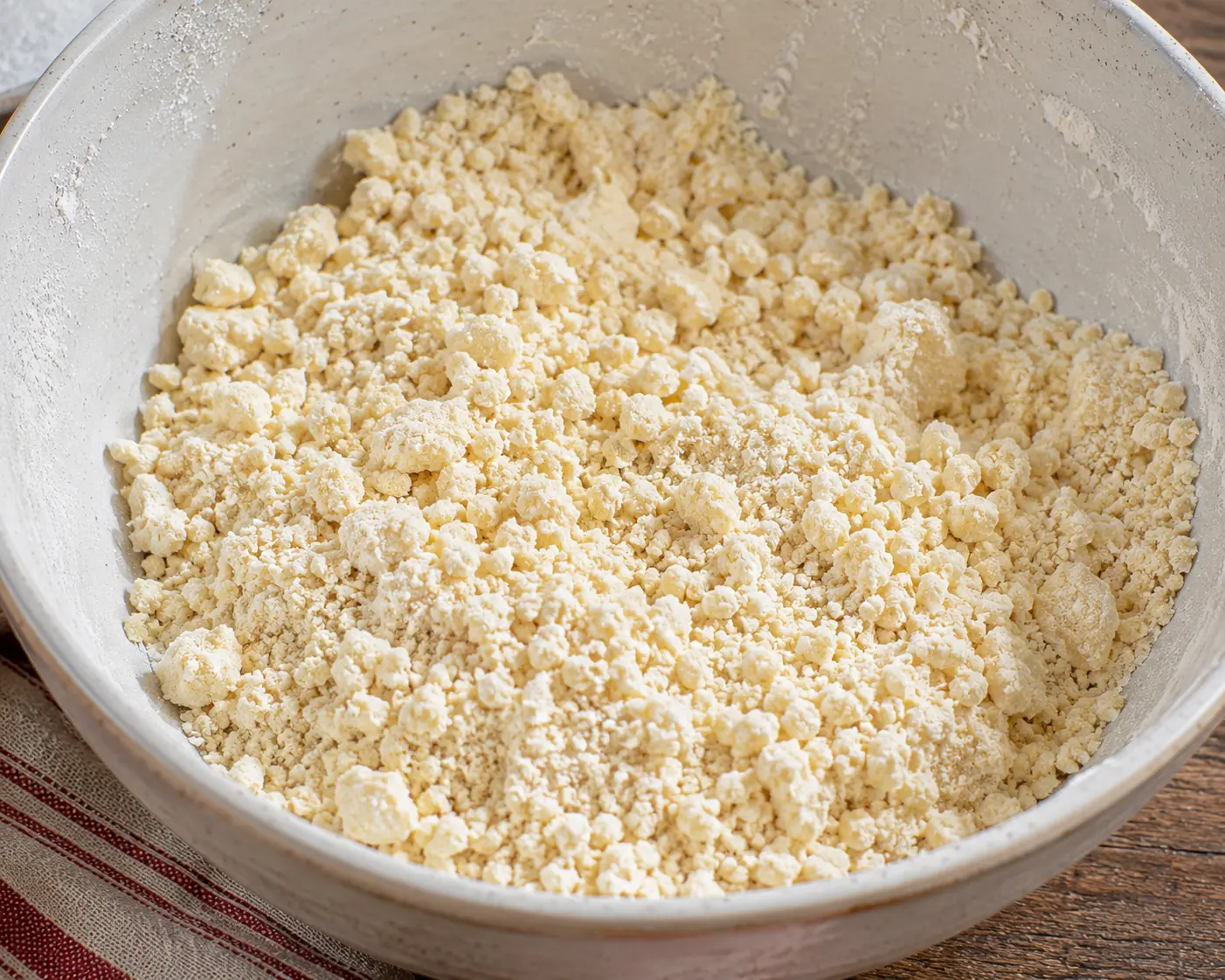 Pâte à crumble sablée du bout des doigts en grumeaux irréguliers