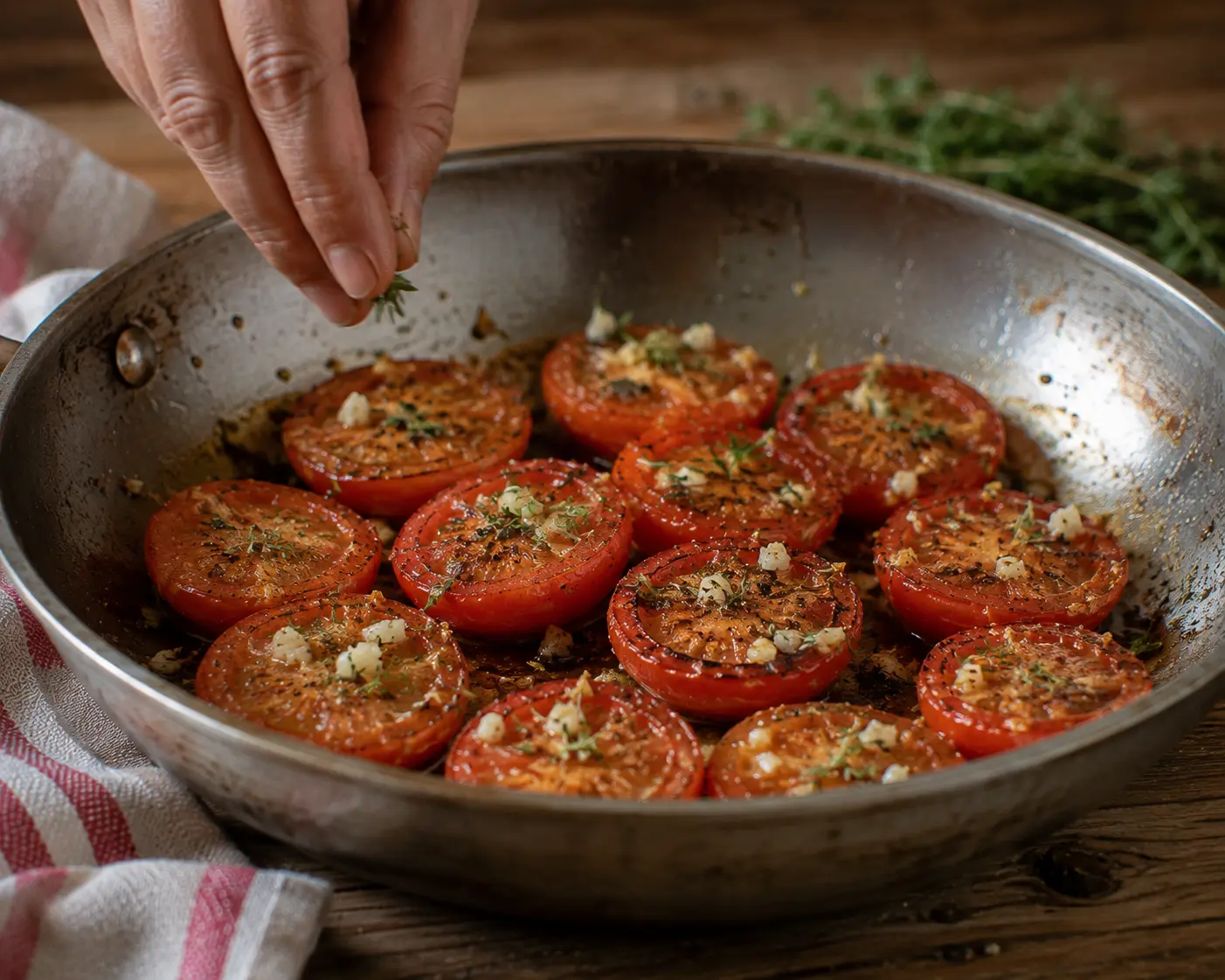 Ail et thym parsemés sur les tomates retournées dans la poêle