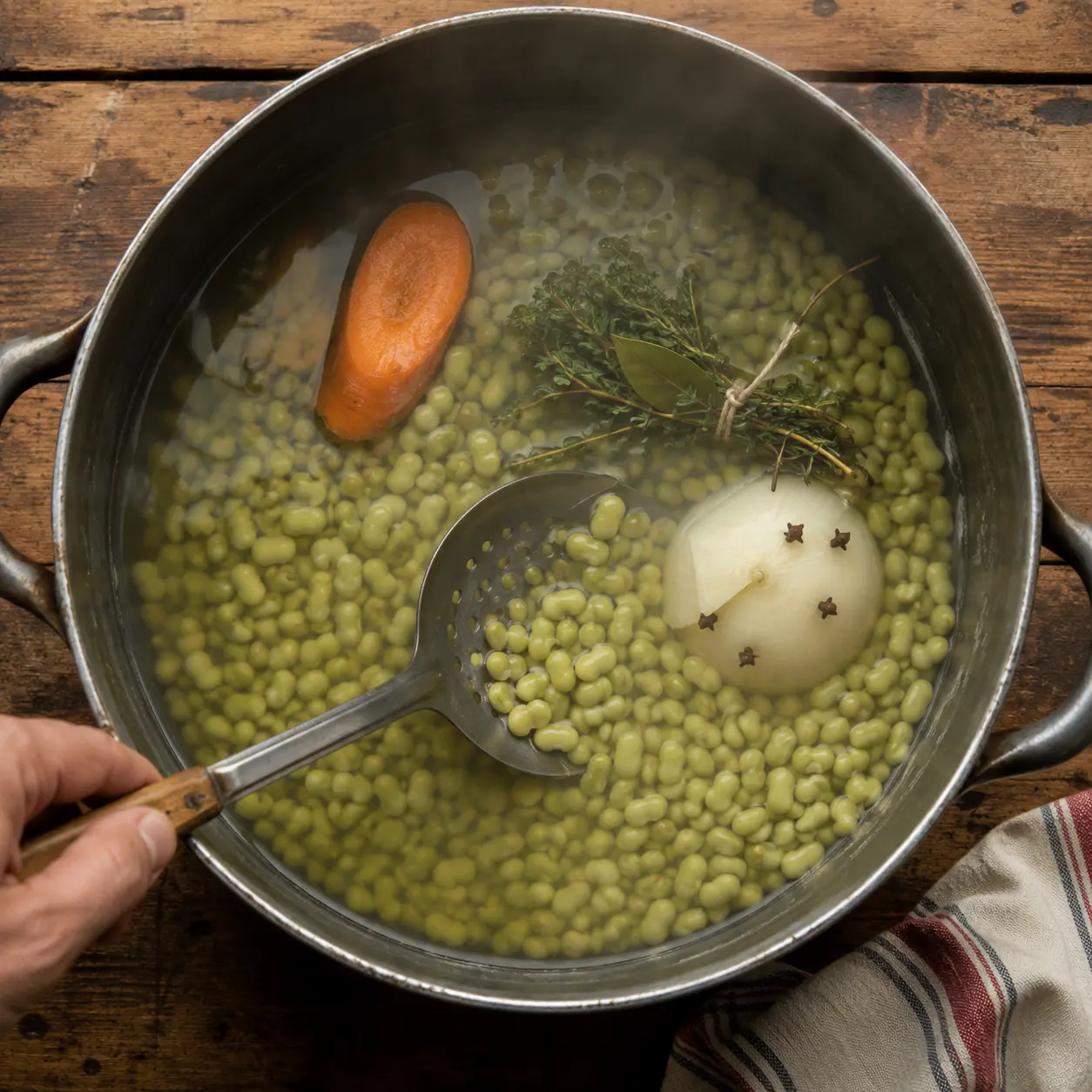 Flageolets tendres égouttés, bouillon de cuisson réservé