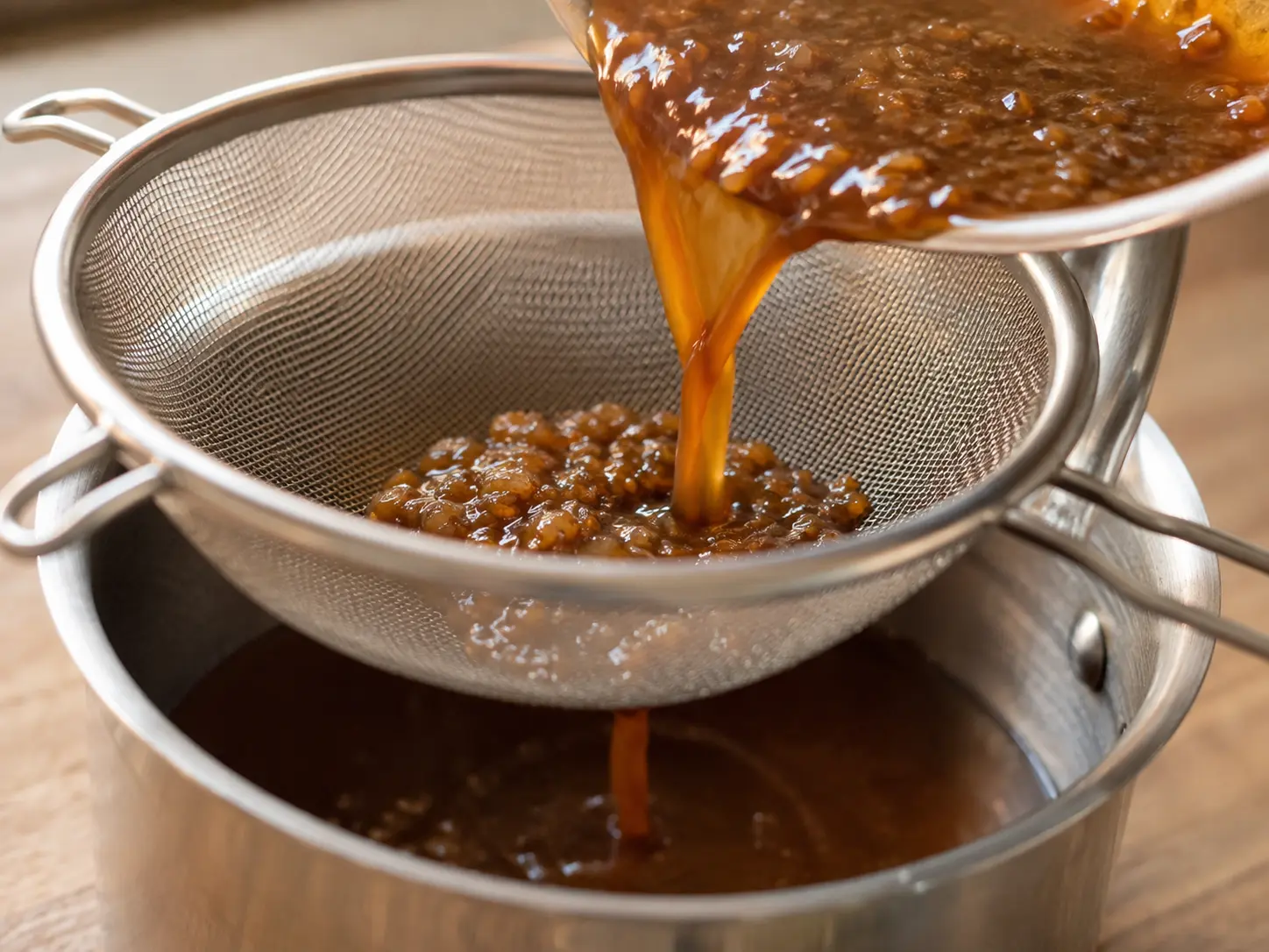 Sauce brune passée au chinois étamine dans une casserole propre