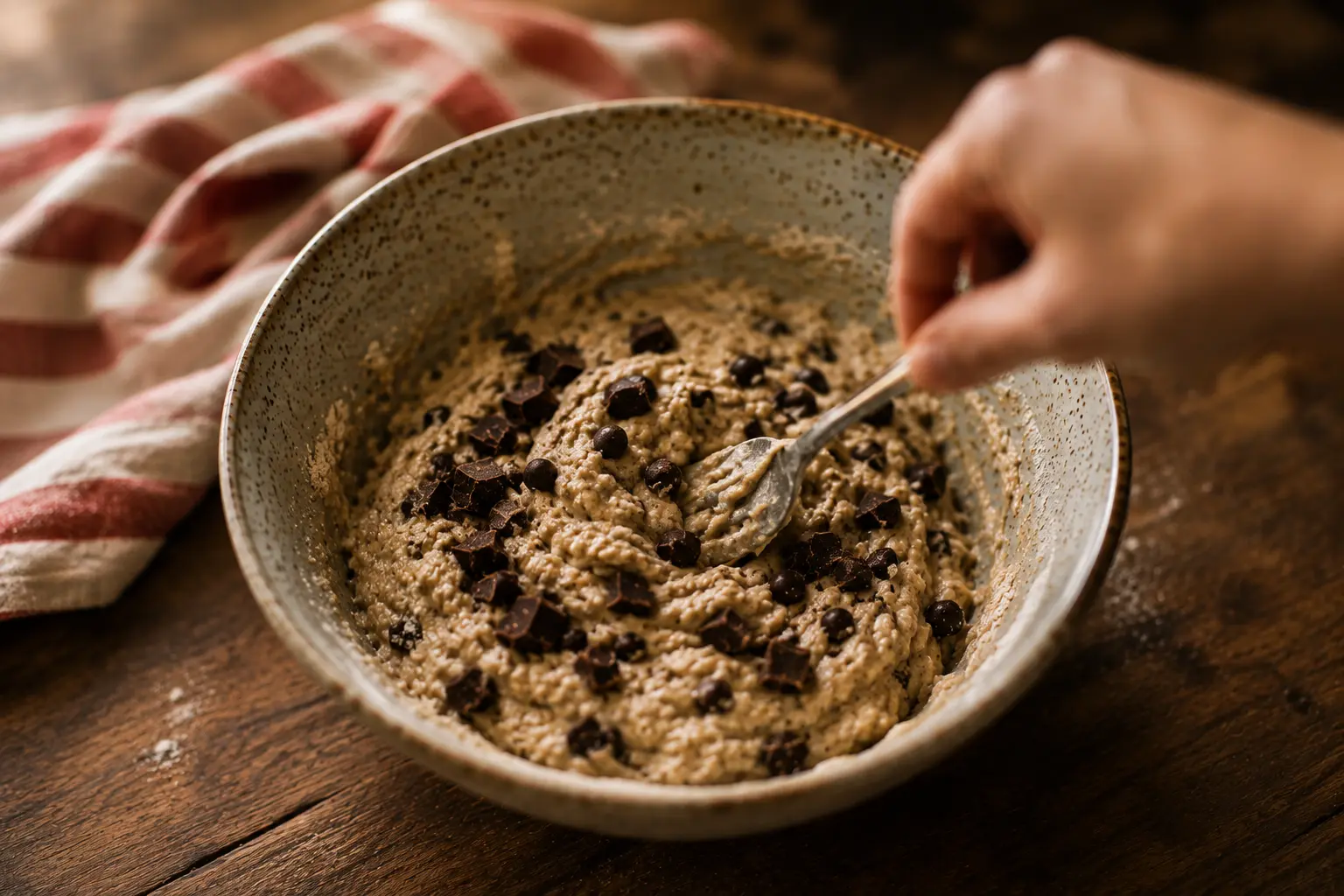 Pépites de chocolat et chocolat noir haché incorporés délicatement à la pâte