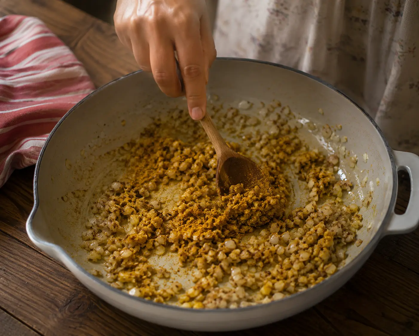 Curry en poudre mélangé à sec avec échalotes, ail et gingembre dans la poêle
