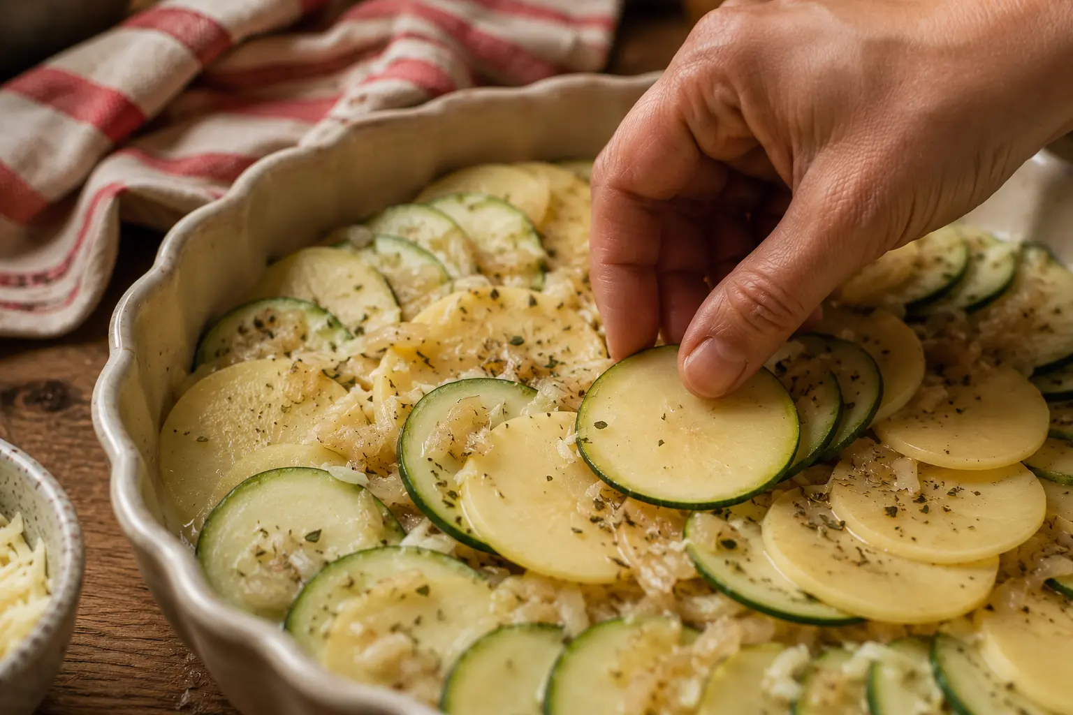 Couches alternées de pommes de terre et courgettes disposées dans le plat à gratin