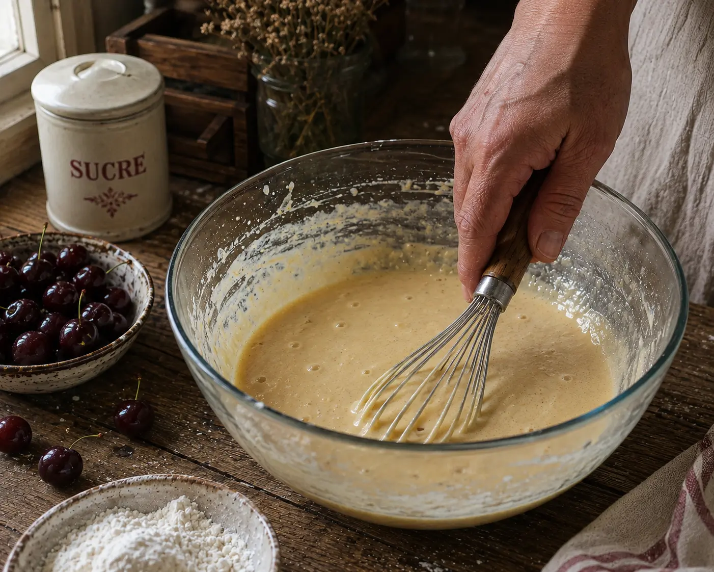 Préparation de la pâte à clafoutis dans un saladier