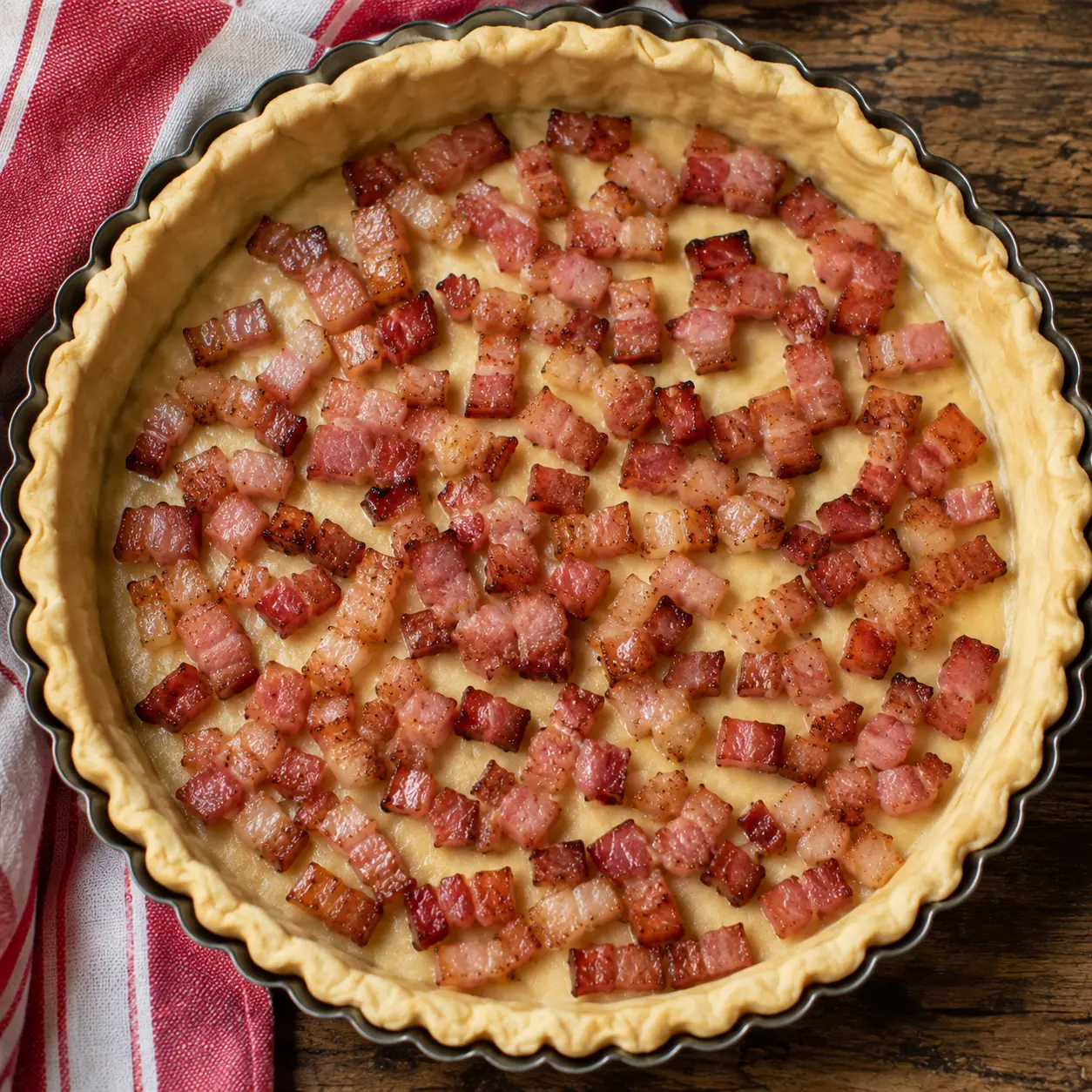 Lardons répartis sur le fond de pâte avant l'ajout de la migaine