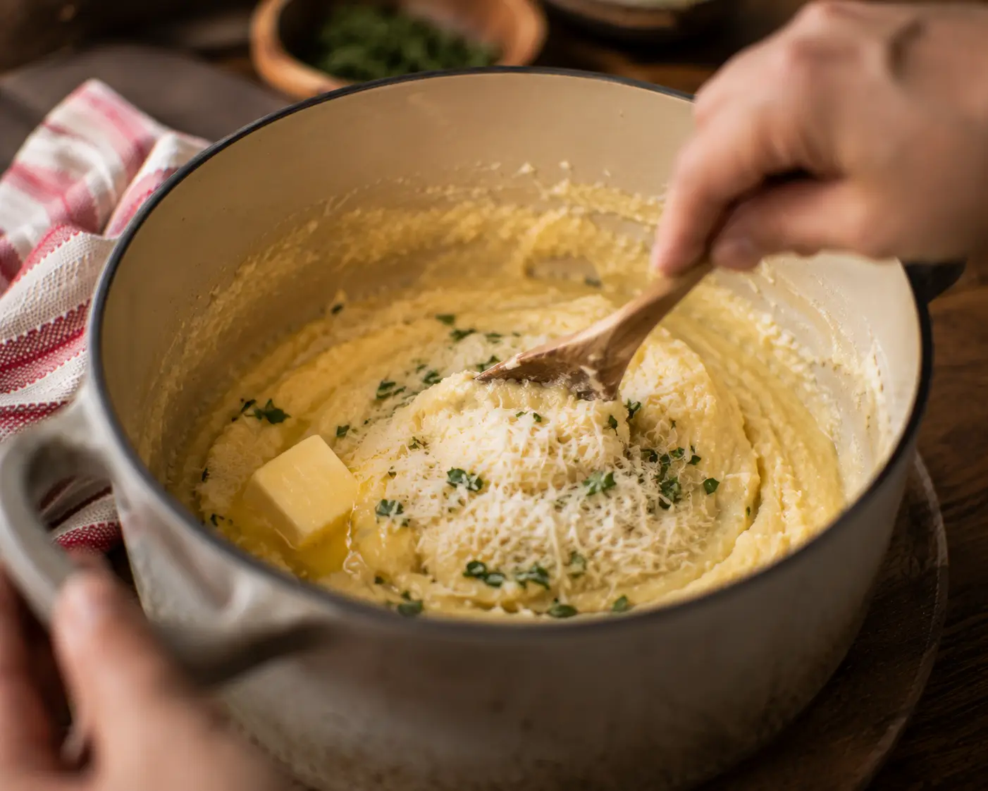 Polenta remuée à la cuillère en bois se décollant des parois de la casserole