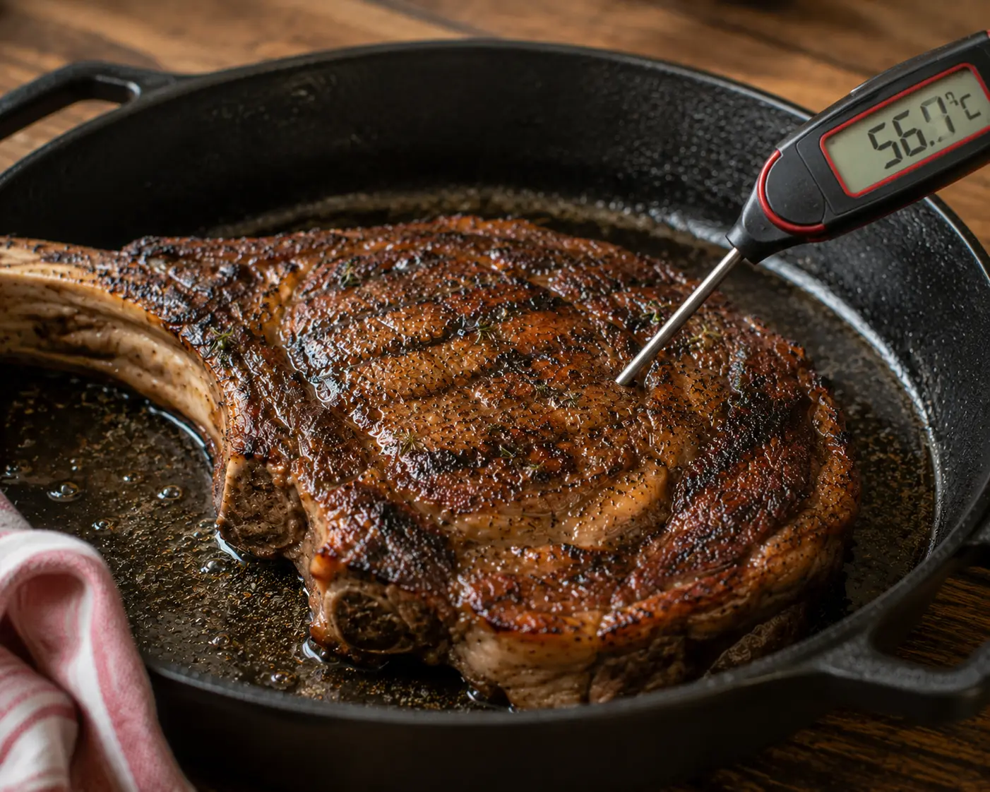 Thermomètre à sonde inséré dans la côte de bœuf pour contrôler la cuisson à coeur