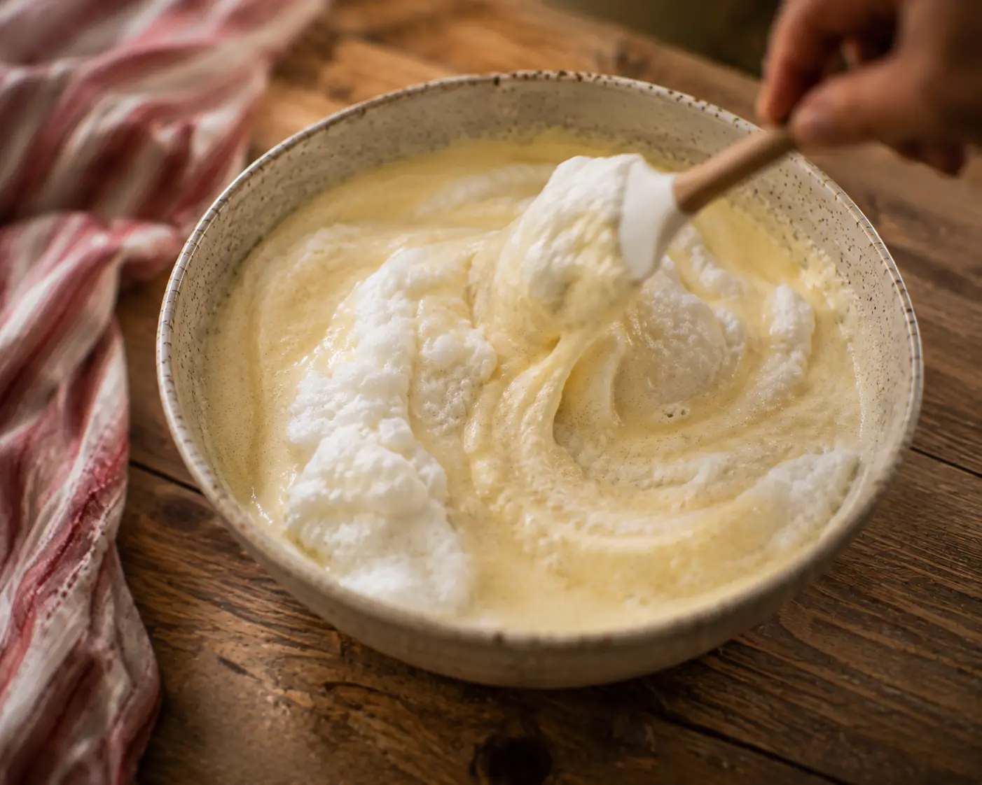 Blancs en neige incorporés délicatement à la pâte à la spatule