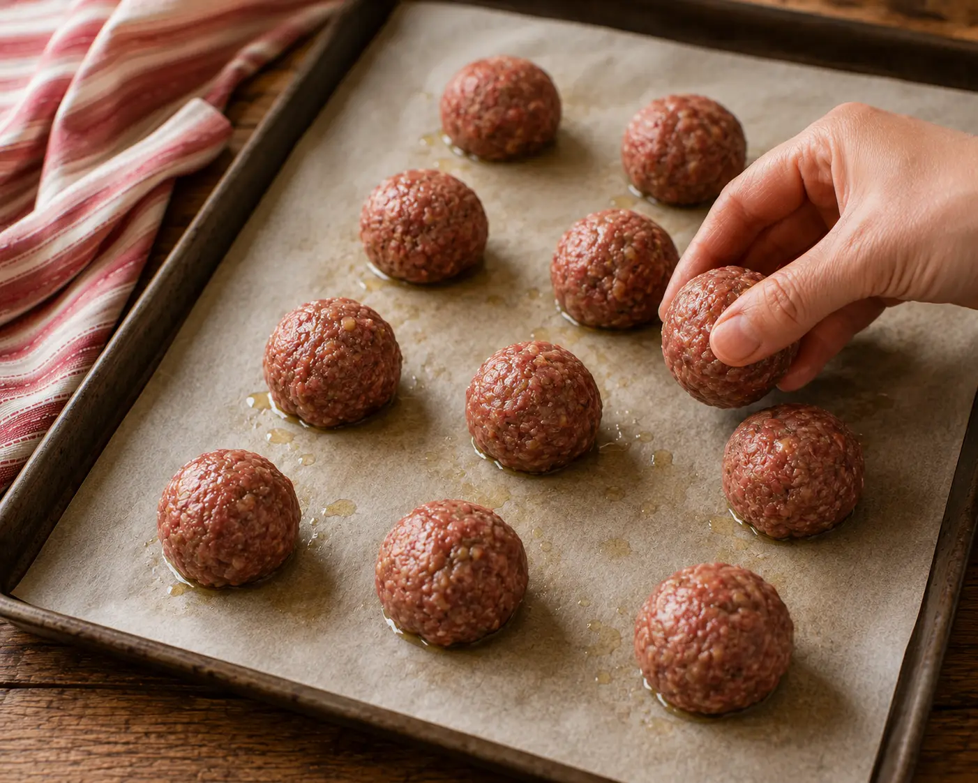 Boulettes formées et espacées sur une plaque de cuisson avant enfournement