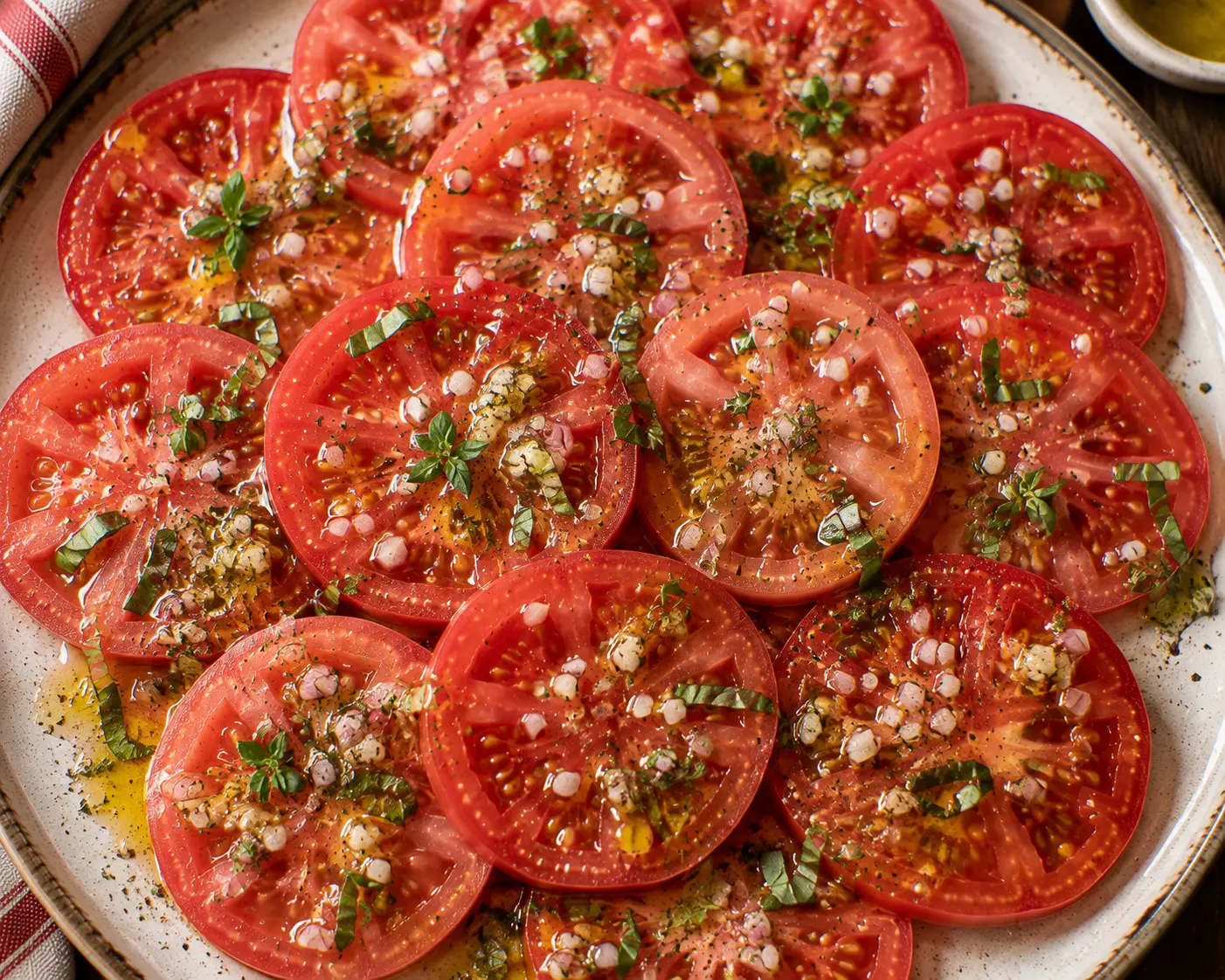 Herbes fraîches et vinaigrette versées sur la salade de tomates