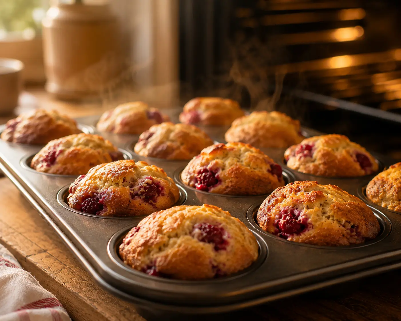 Muffins aux framboises dorés sortant du four