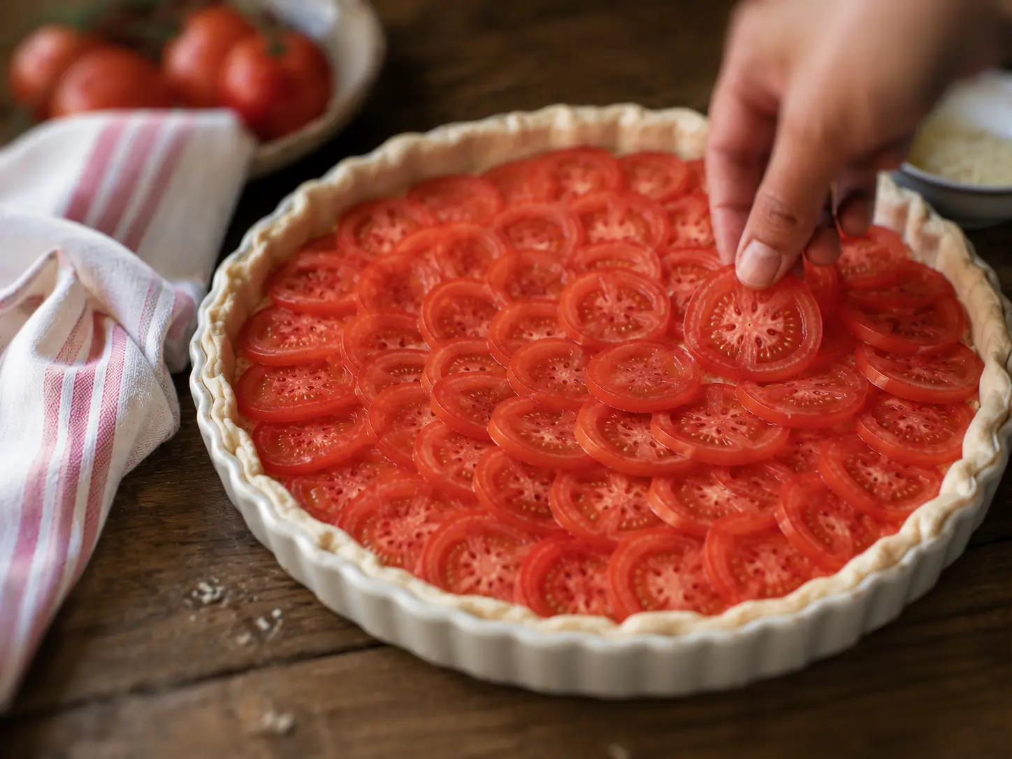 Tranches de tomates disposées en rosace sur la tarte avant la cuisson